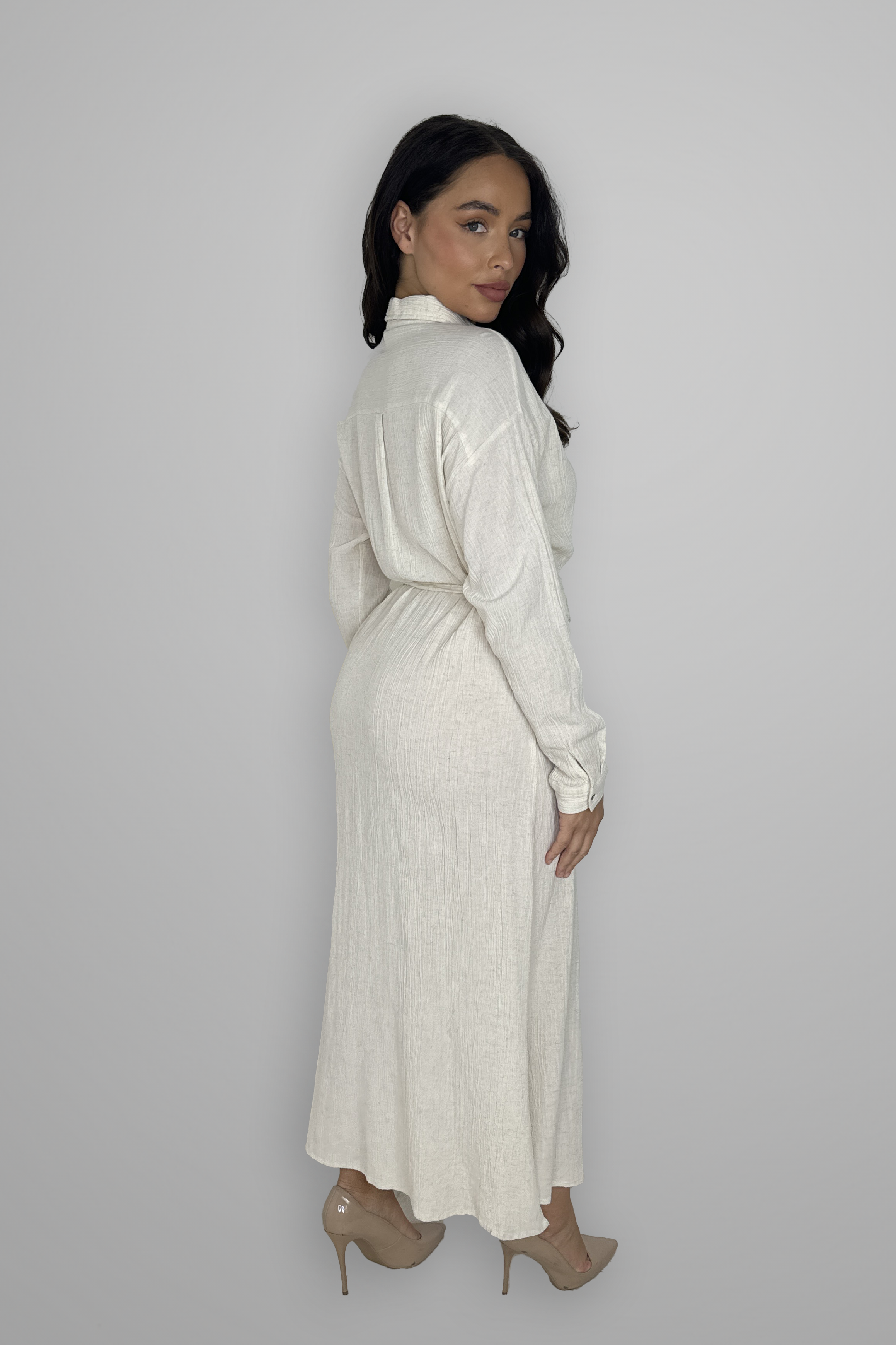 Long Sleeve Crinkled Button Down Tie Belt Classic Modest Dress-SinglePrice