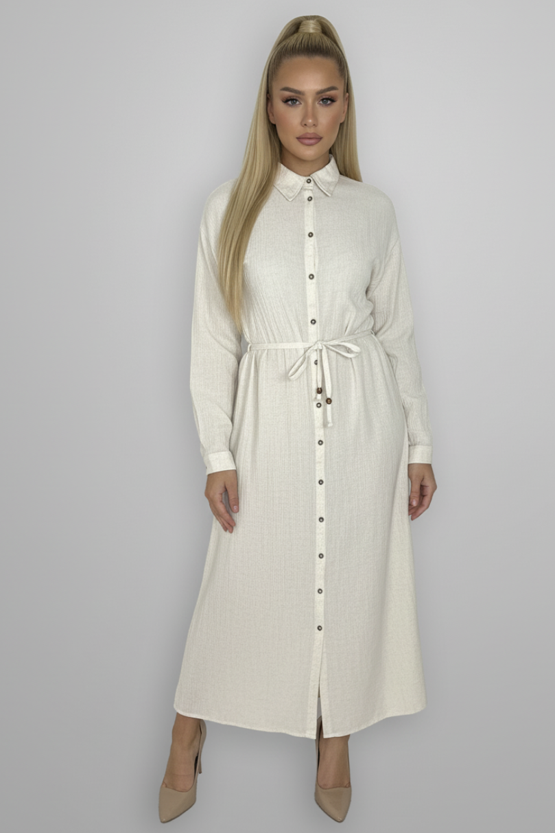 Long Sleeve Crinkled Button Down Tie Belt Classic Modest Dress-SinglePrice