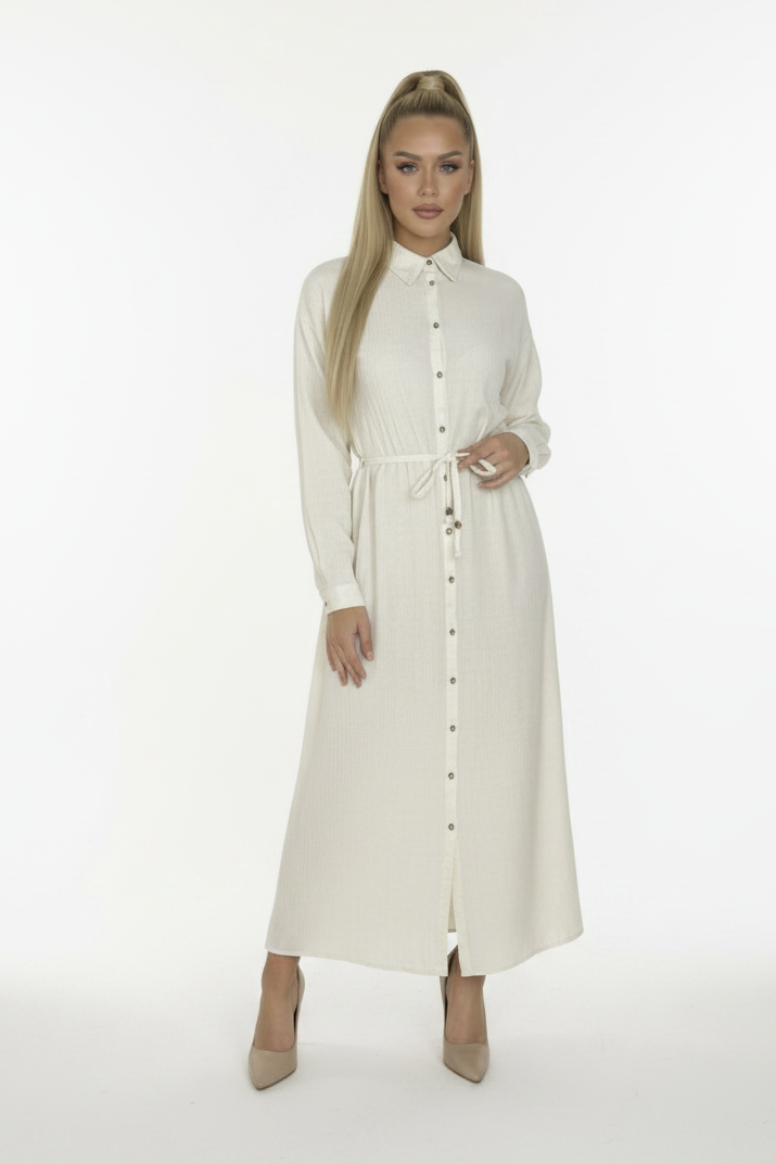 Long Sleeve Crinkled Button Down Tie Belt Classic Modest Dress-SinglePrice