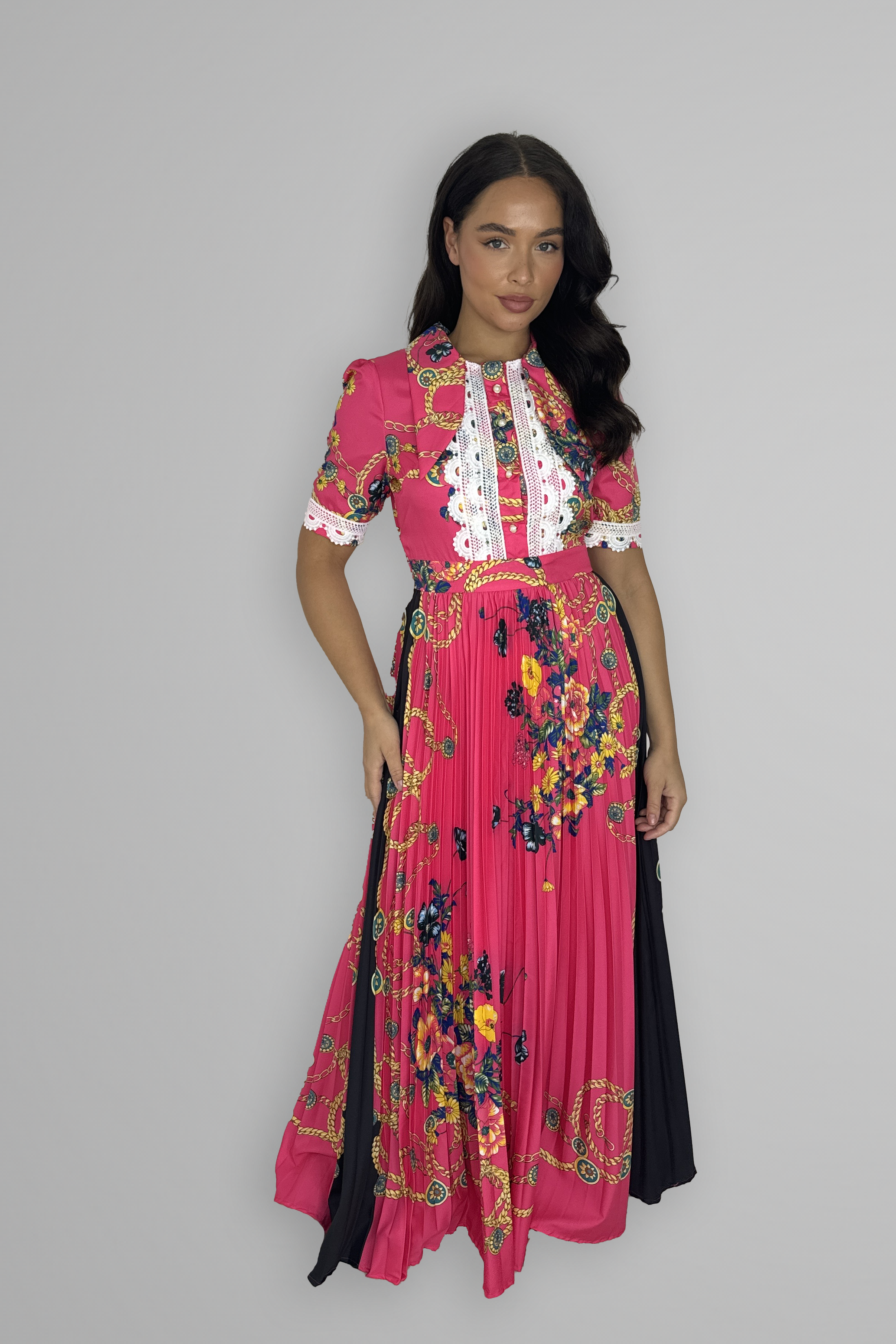 Satin Floral Print Pleated Maxi Dress-SinglePrice