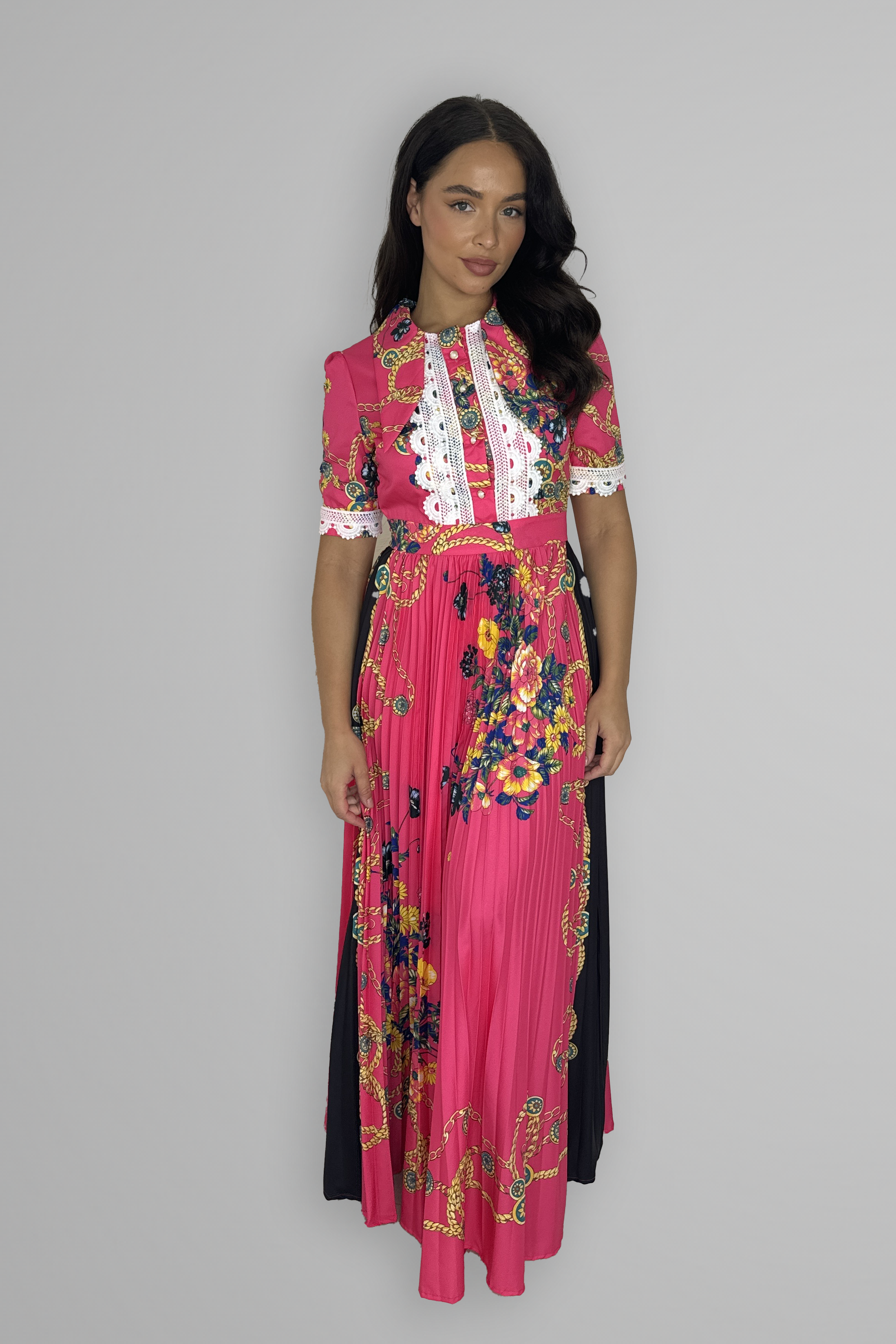 Satin Floral Print Pleated Maxi Dress-SinglePrice