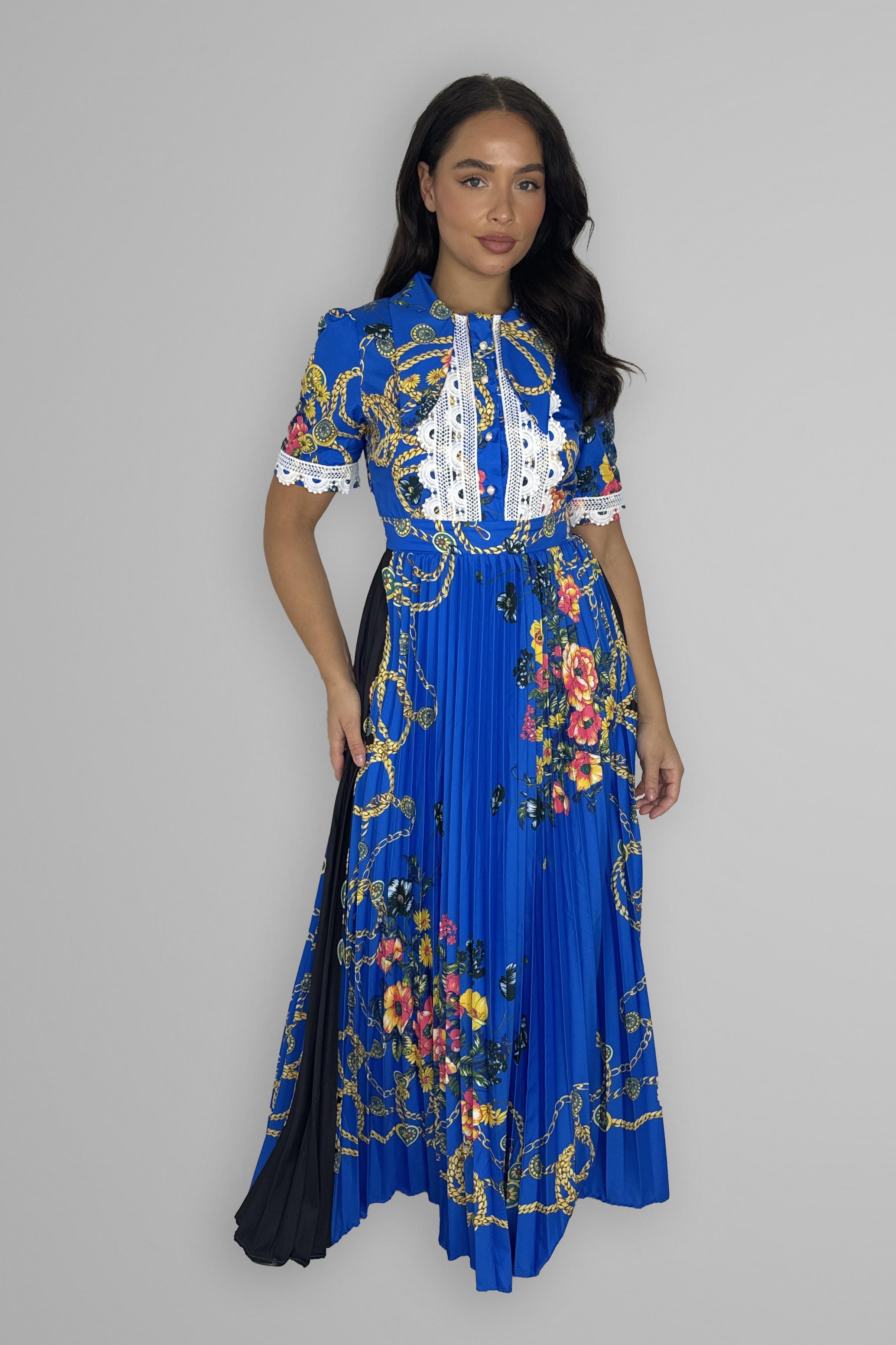 Satin Floral Print Pleated Maxi Dress-SinglePrice