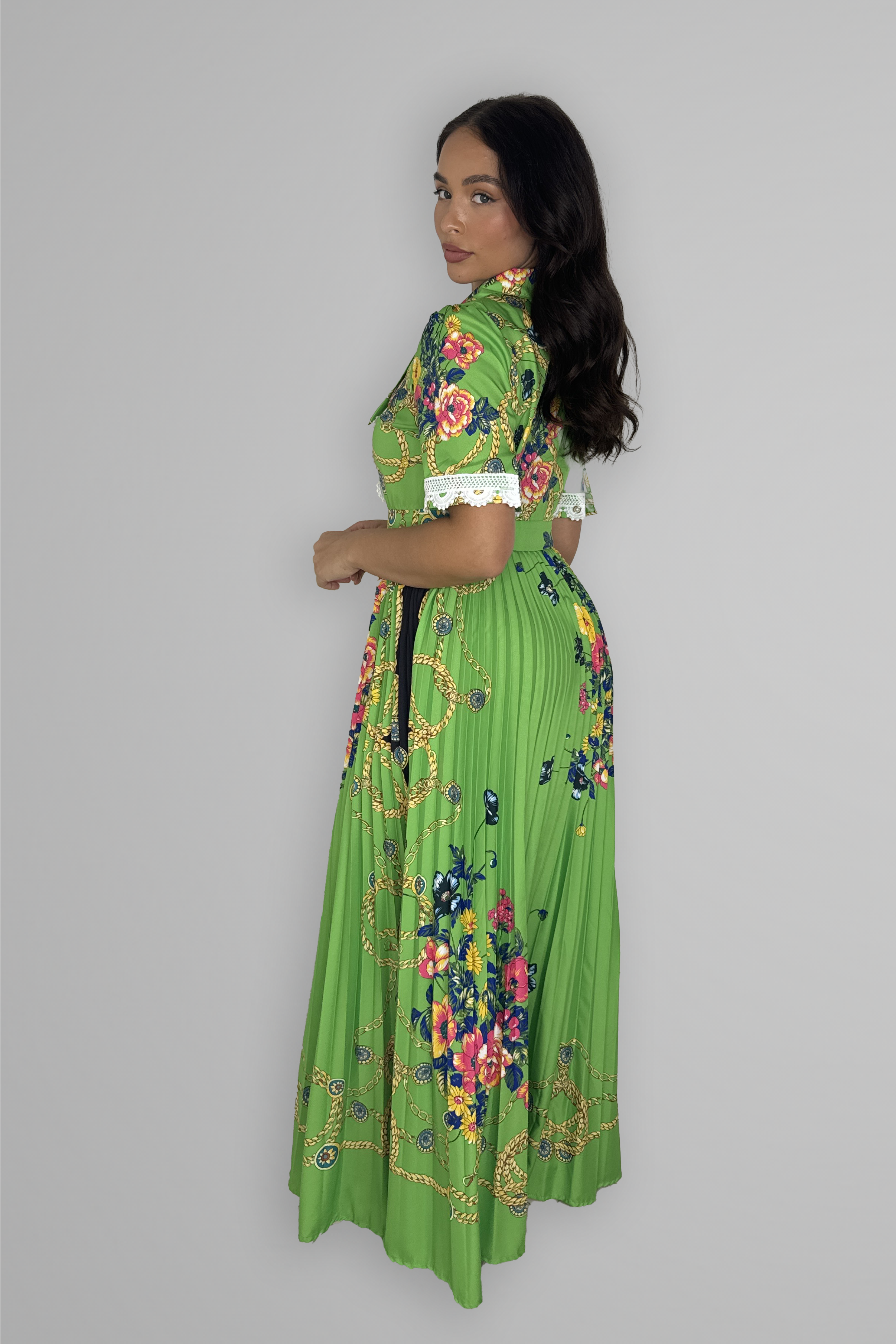 Satin Floral Print Pleated Maxi Dress-SinglePrice