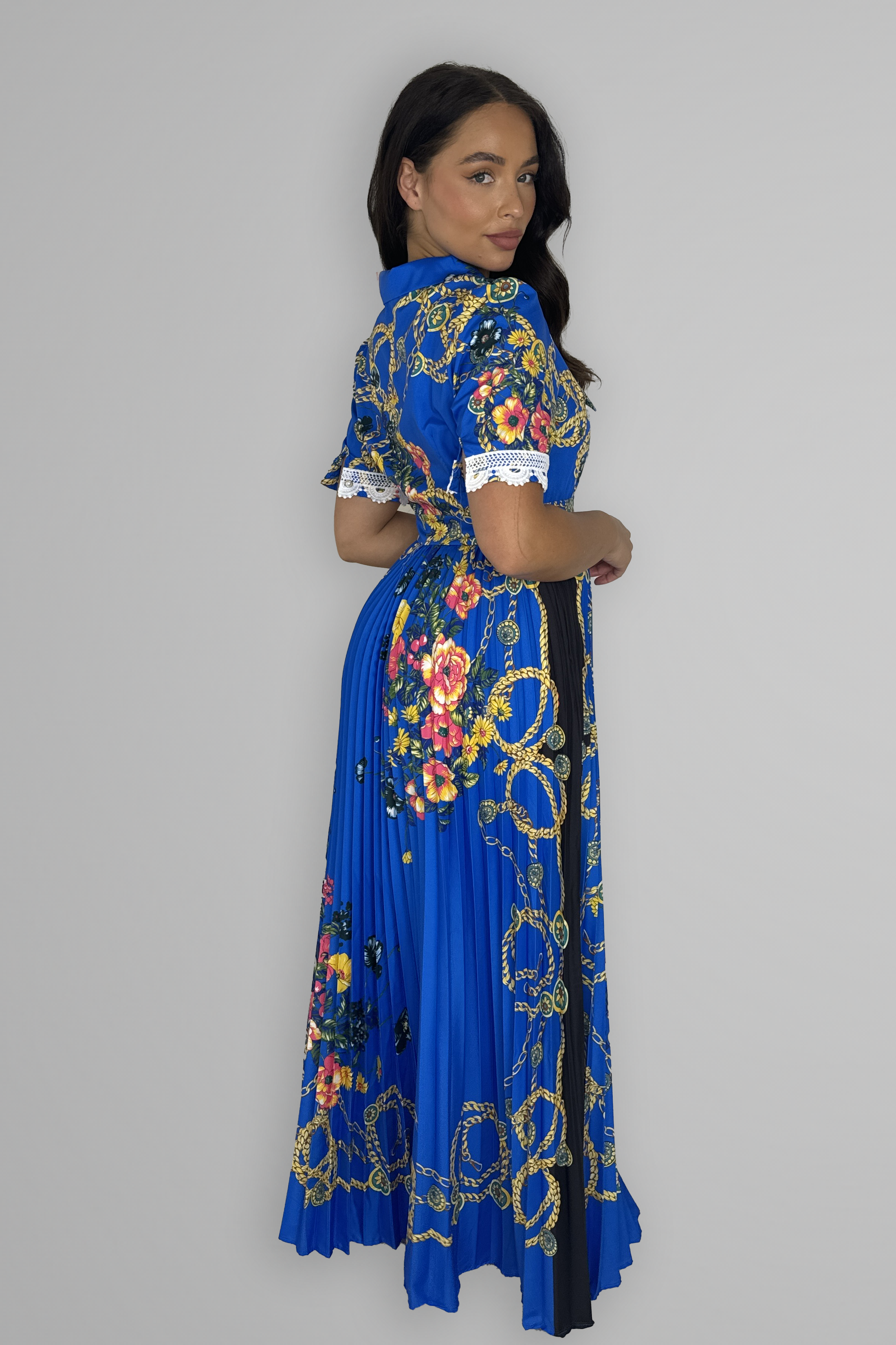 Satin Floral Print Pleated Maxi Dress-SinglePrice