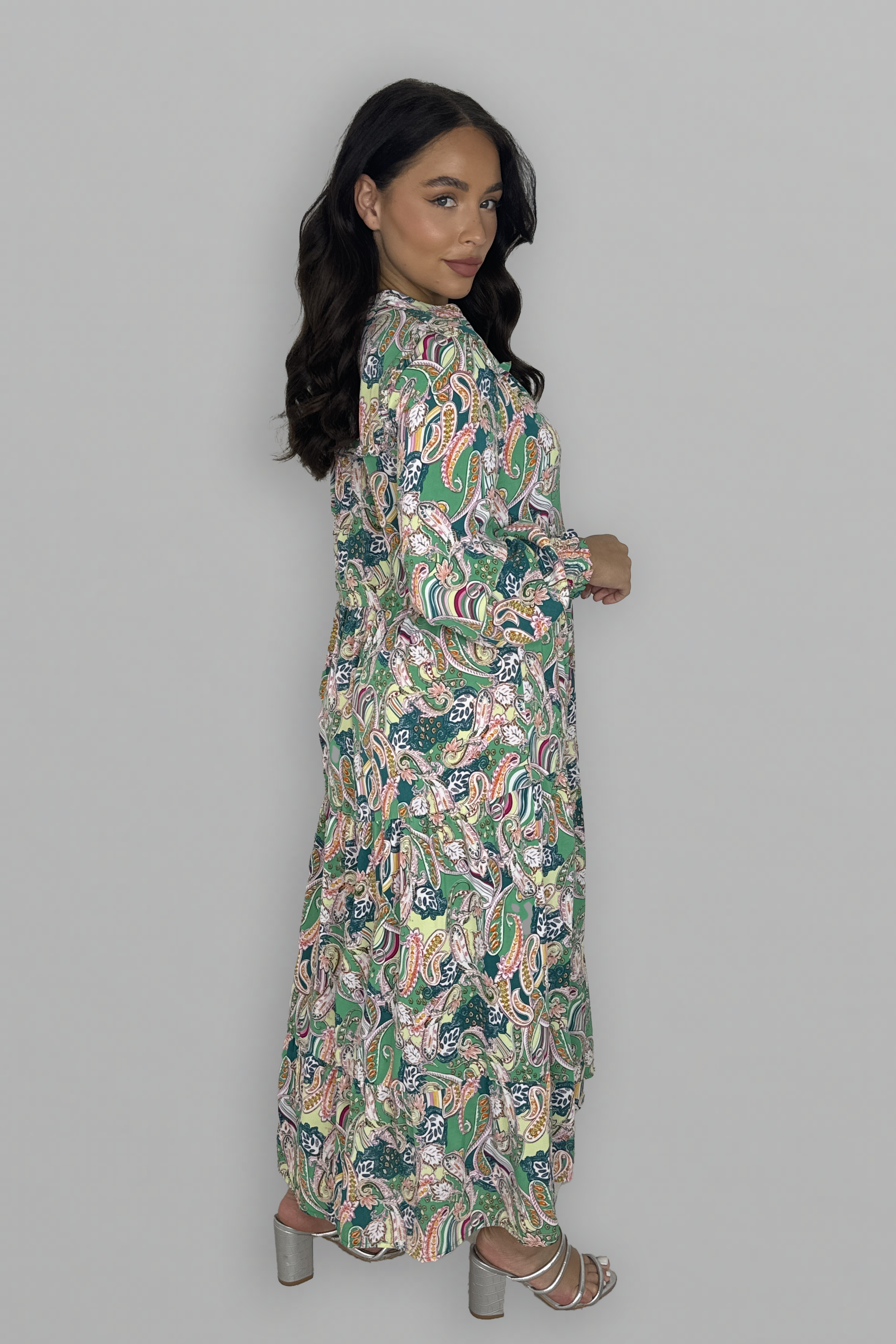 Paisly Print Collarless Button Down Long Tiered Dress-SinglePrice