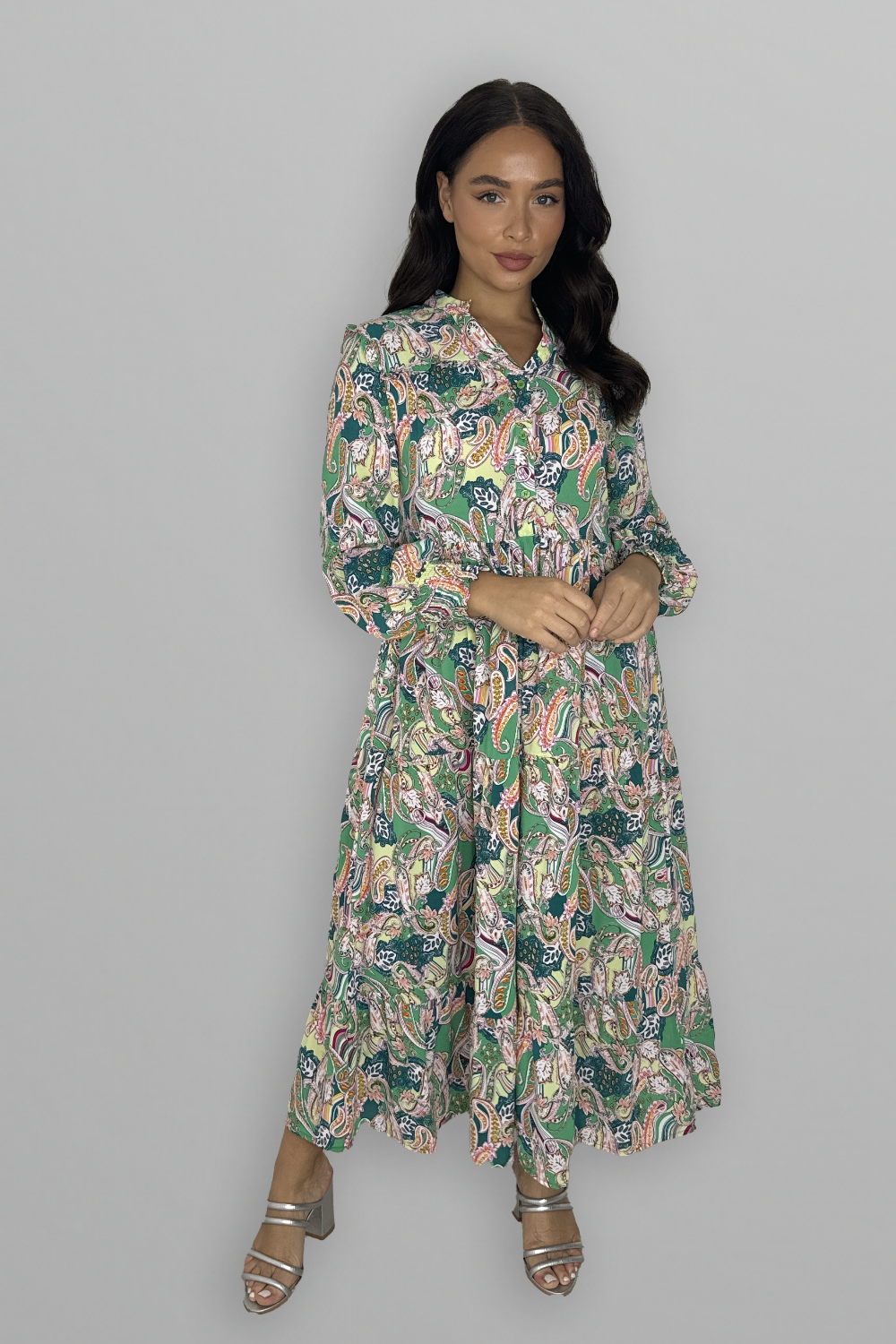 Paisly Print Collarless Button Down Long Tiered Dress-SinglePrice