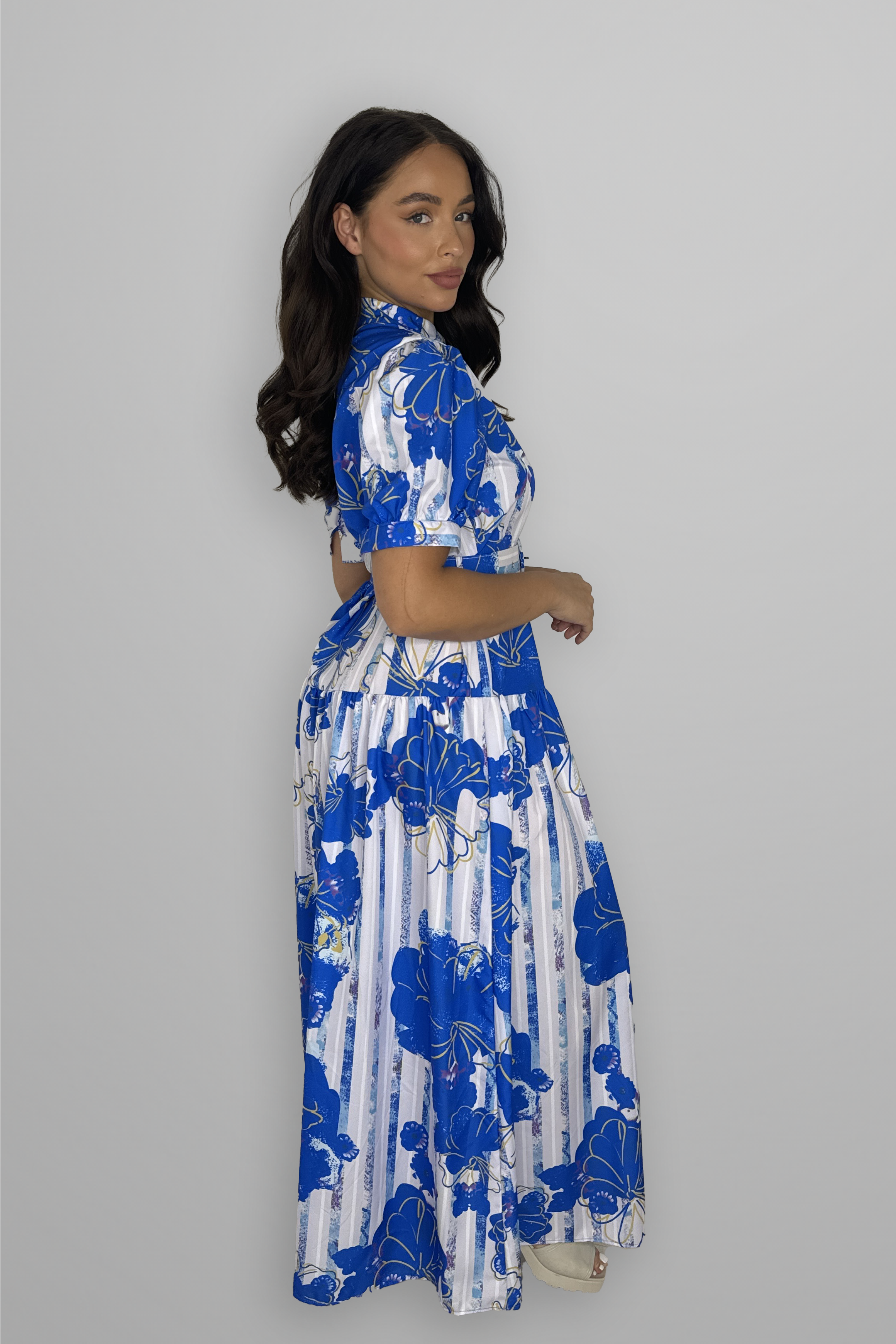 Floral Print Mock Neck Button Down Belted Maxi Dress-SinglePrice