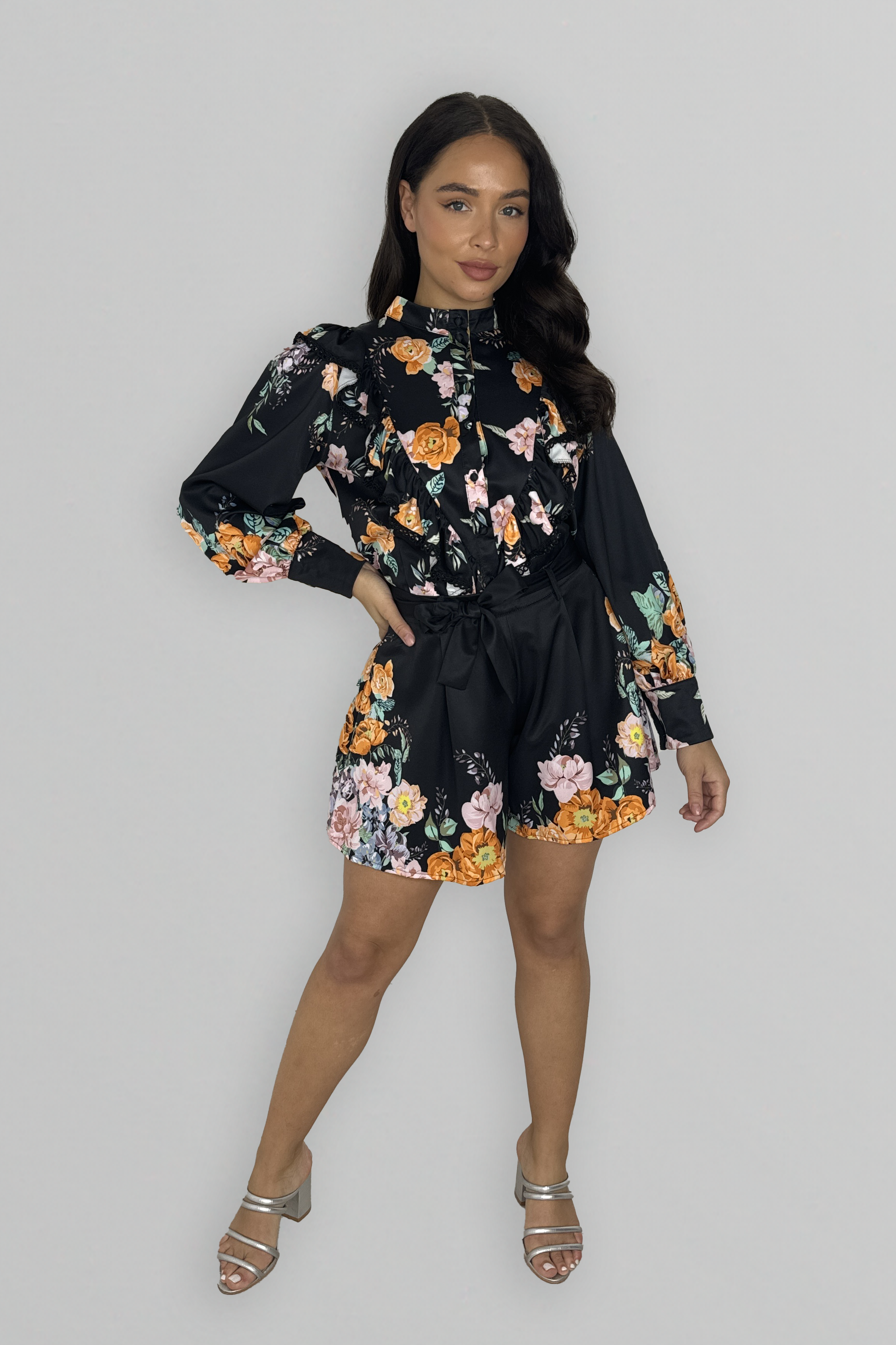 Floral Print Long Sleeve Blouse And Skater Shorts Coord Set-SinglePrice