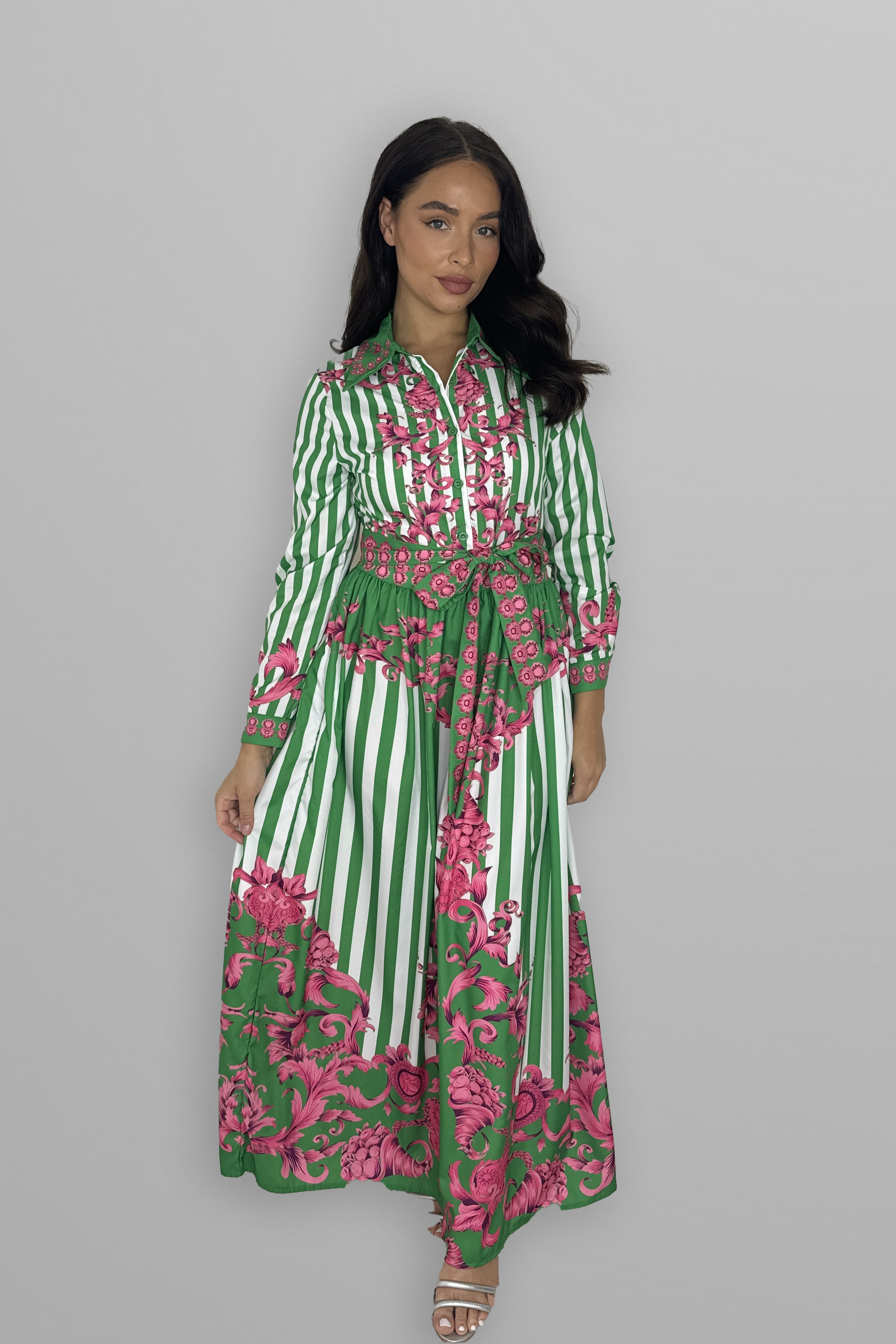 Baroque Print Button Down Tie Belt Maxi Dress-SinglePrice