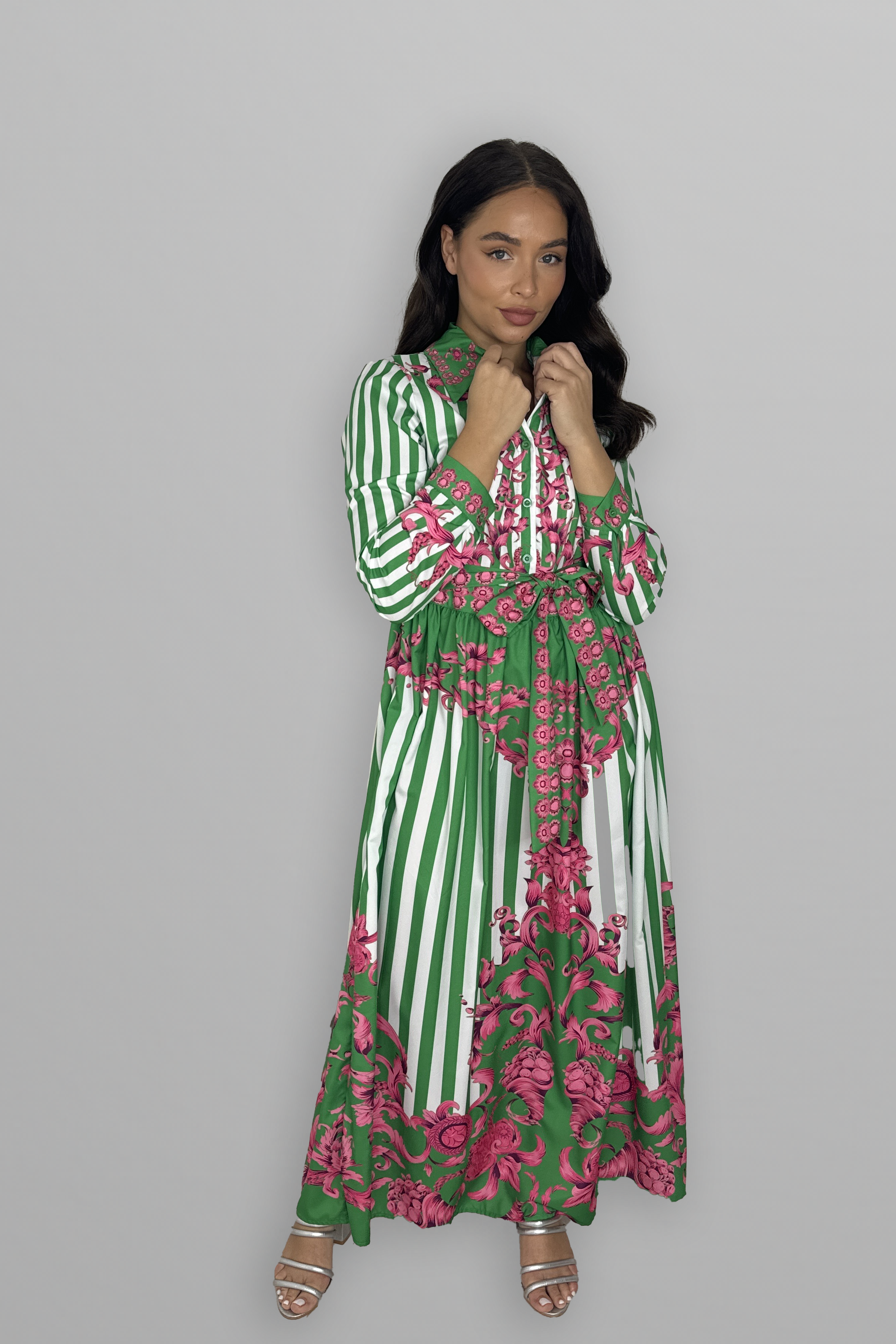 Baroque Print Button Down Tie Belt Maxi Dress-SinglePrice