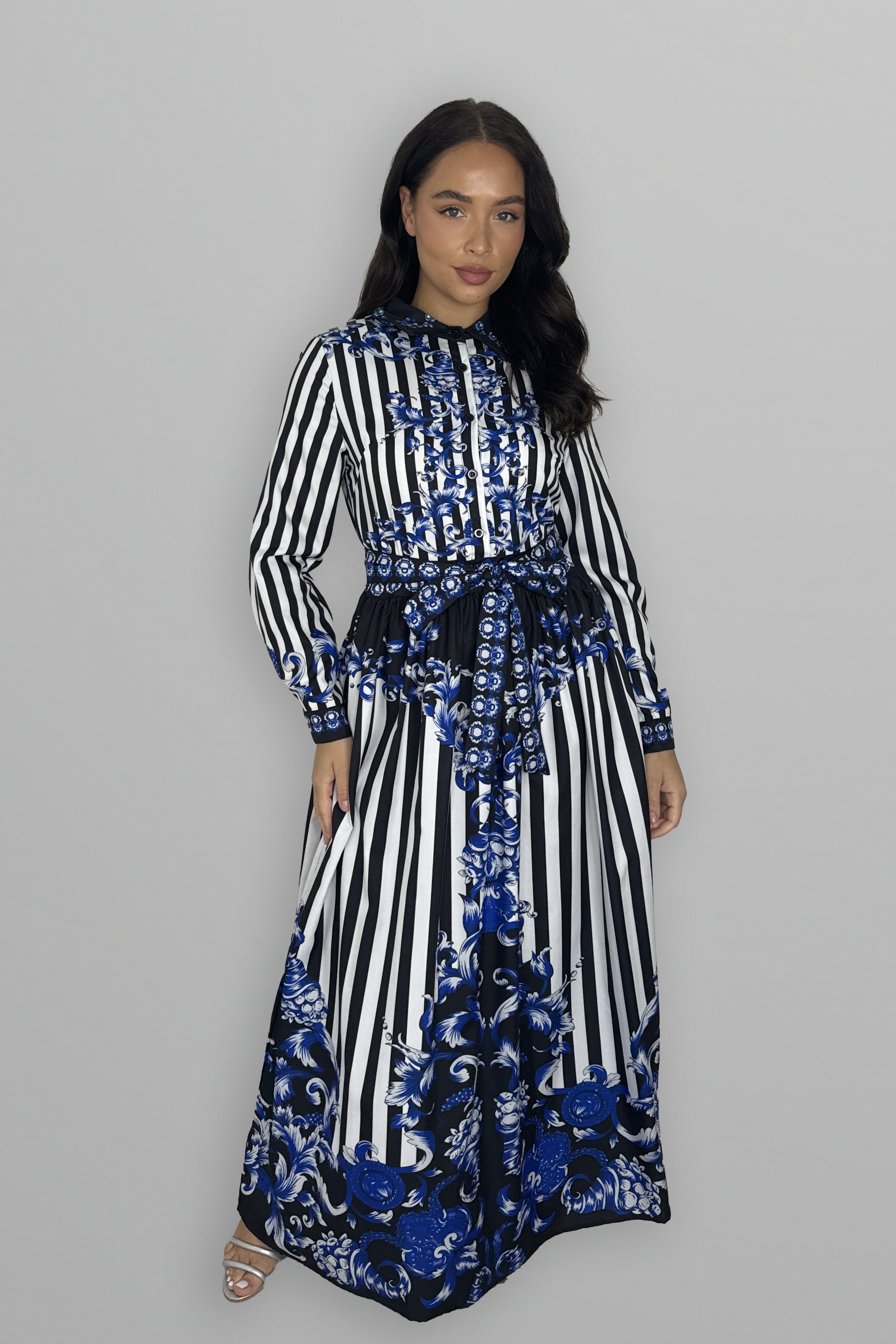 Baroque Print Button Down Tie Belt Maxi Dress-SinglePrice