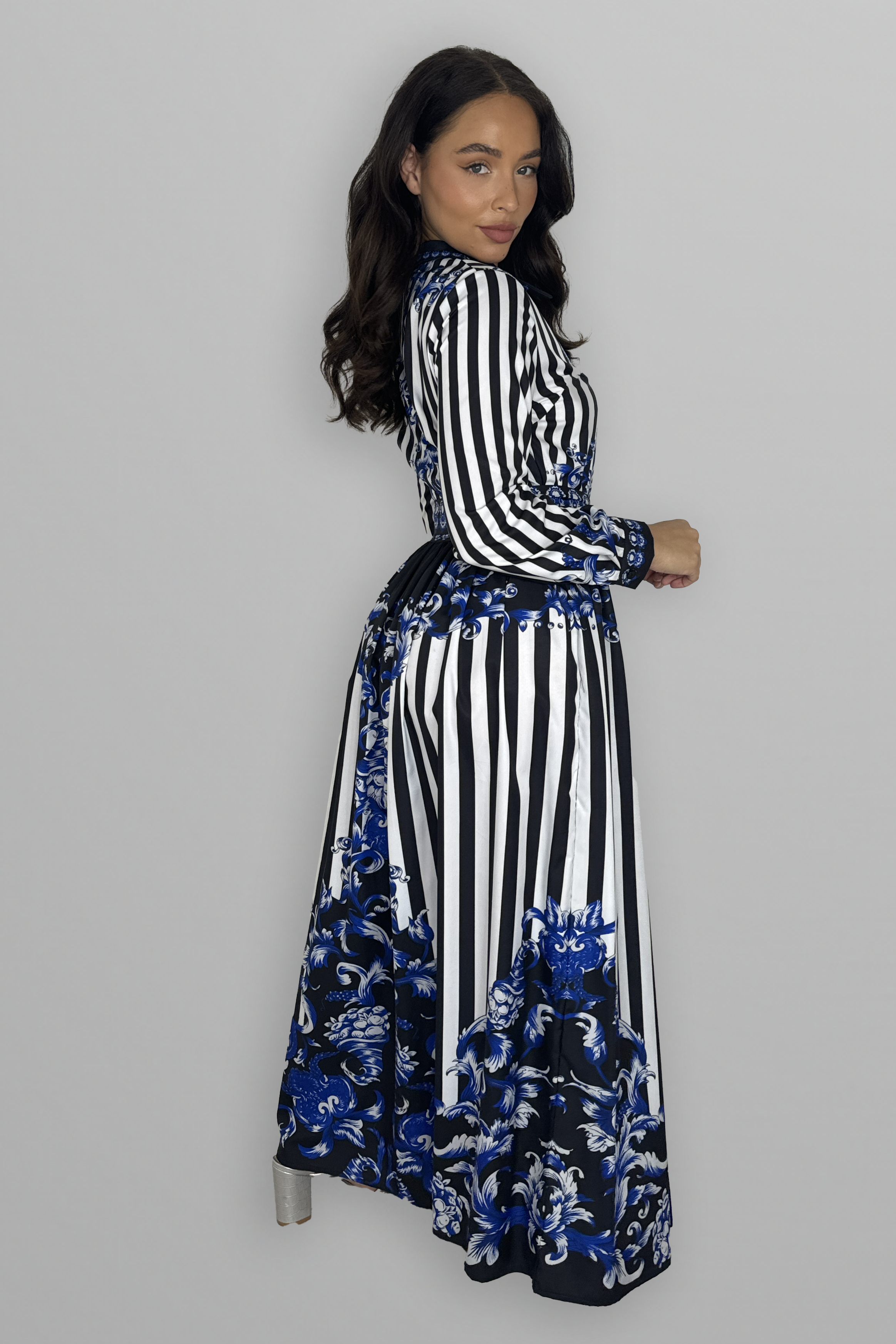 Baroque Print Button Down Tie Belt Maxi Dress-SinglePrice