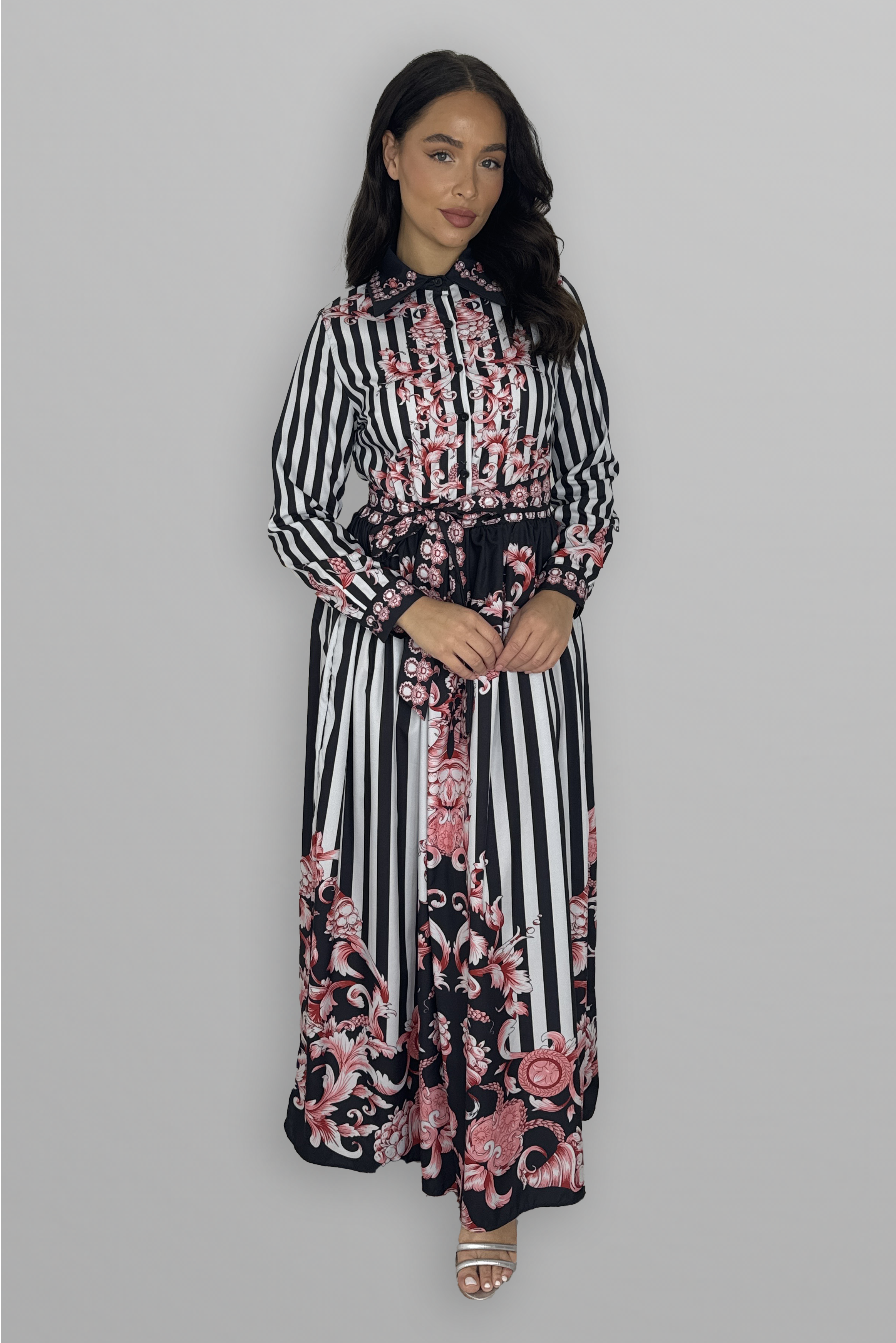 Baroque Print Button Down Tie Belt Maxi Dress-SinglePrice