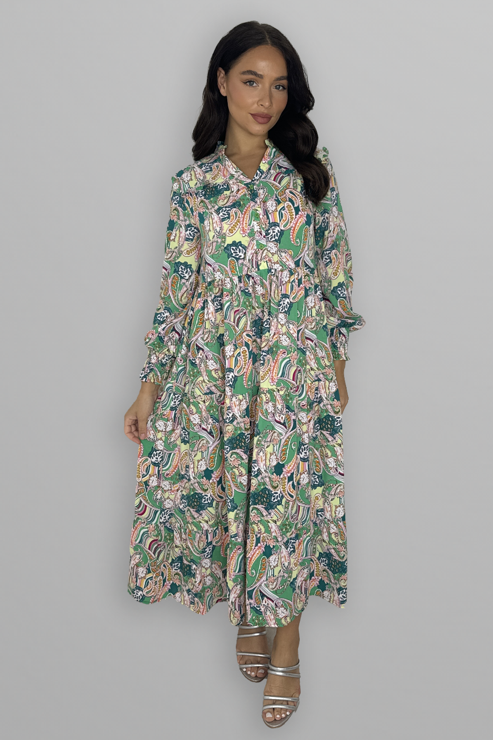 Paisly Print Collarless Button Down Long Tiered Dress-SinglePrice