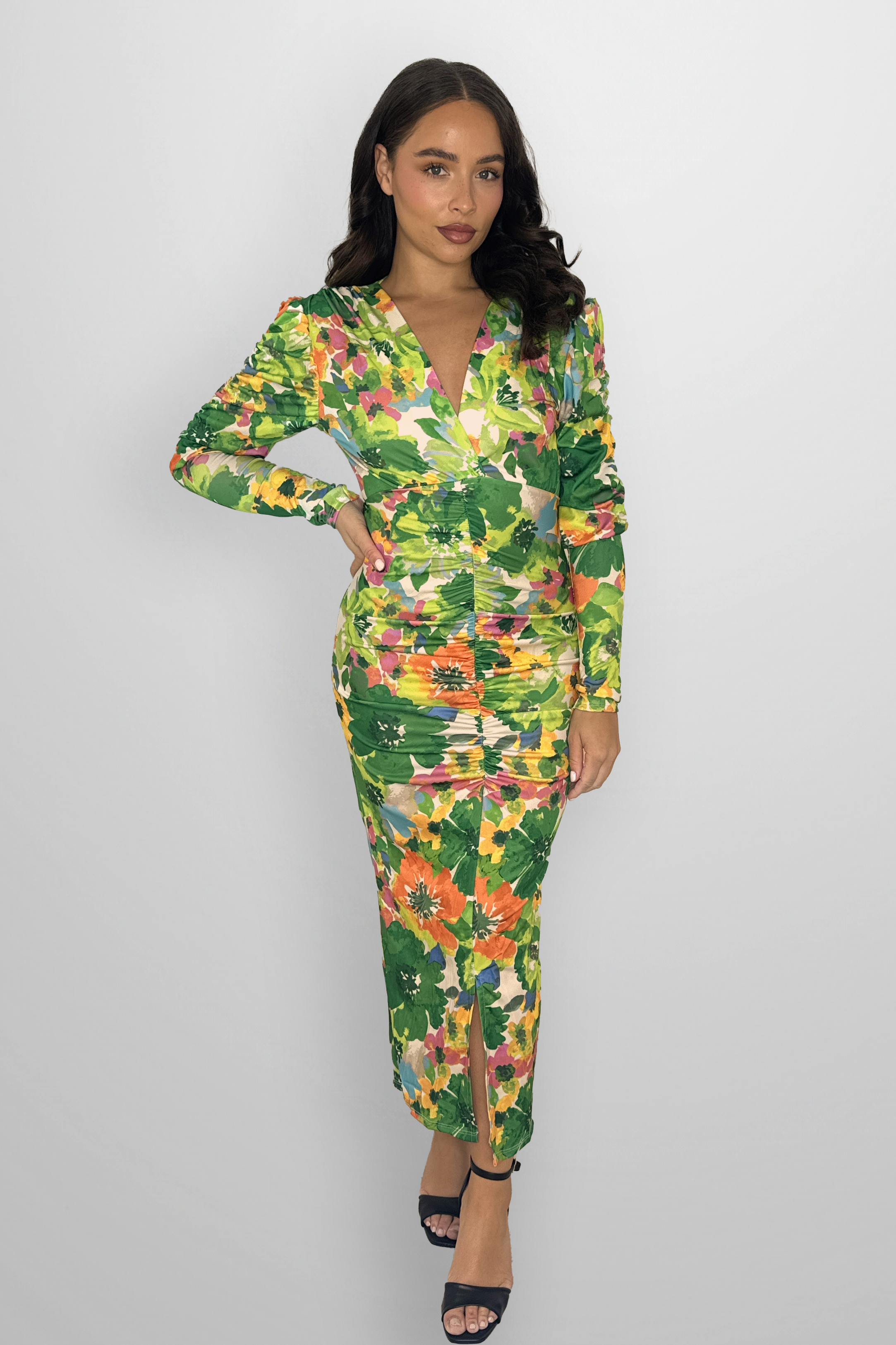 Wholesale Women's Puff Long Sleeve Floral Pattern Ruched Slit Slinky Long Dress (PACK OF 6)