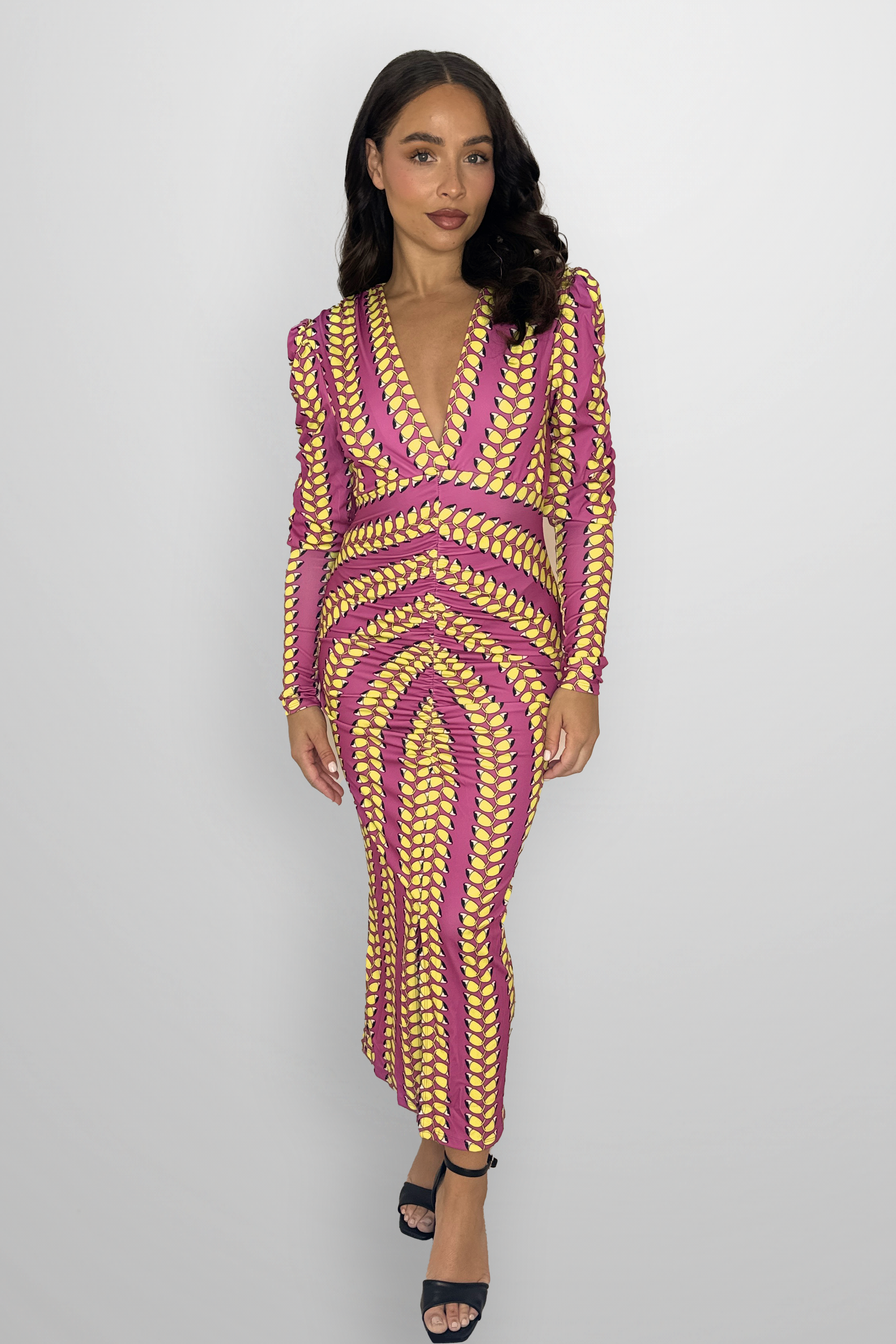 Low Cut Neck Puff Sleeve Contrast Print Ruched Long Bodycon Dress-SinglePrice