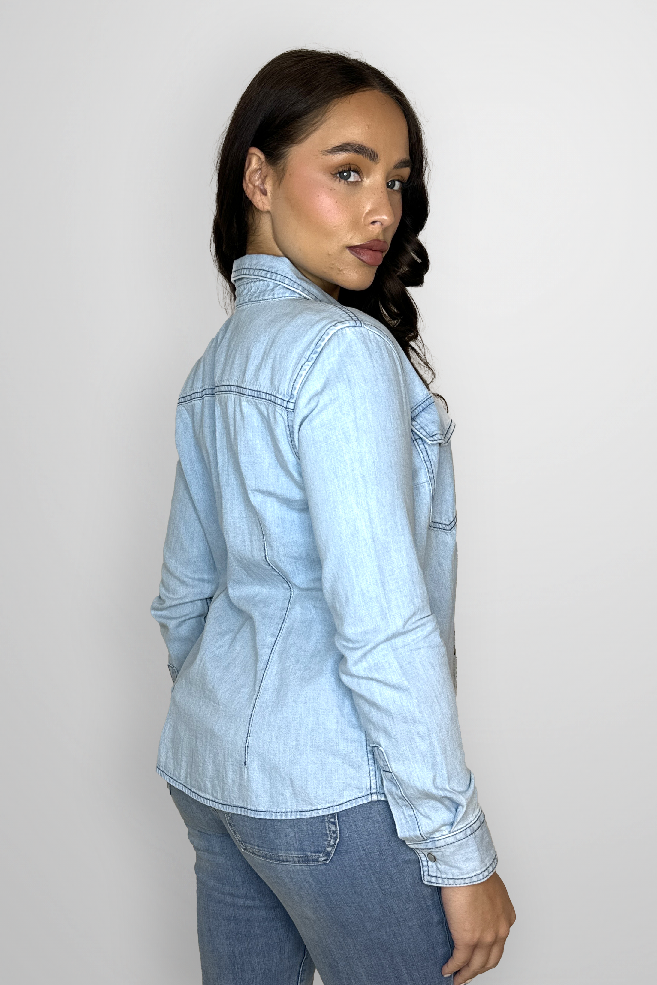 Contrast Stitching Popper Fastening Classic Denim Shirt-SinglePrice