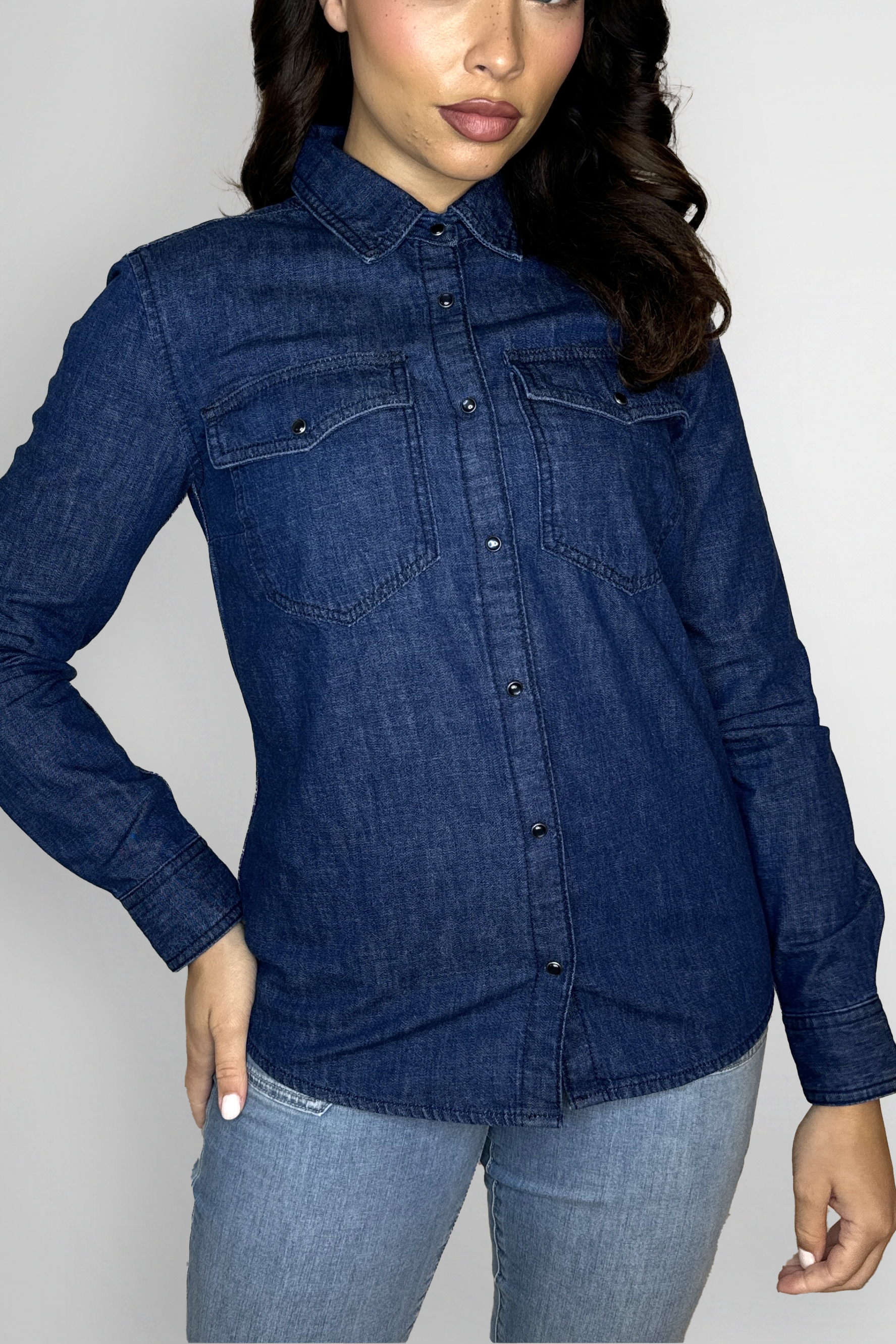 Contrast Stitching Popper Fastening Classic Denim Shirt-SinglePrice