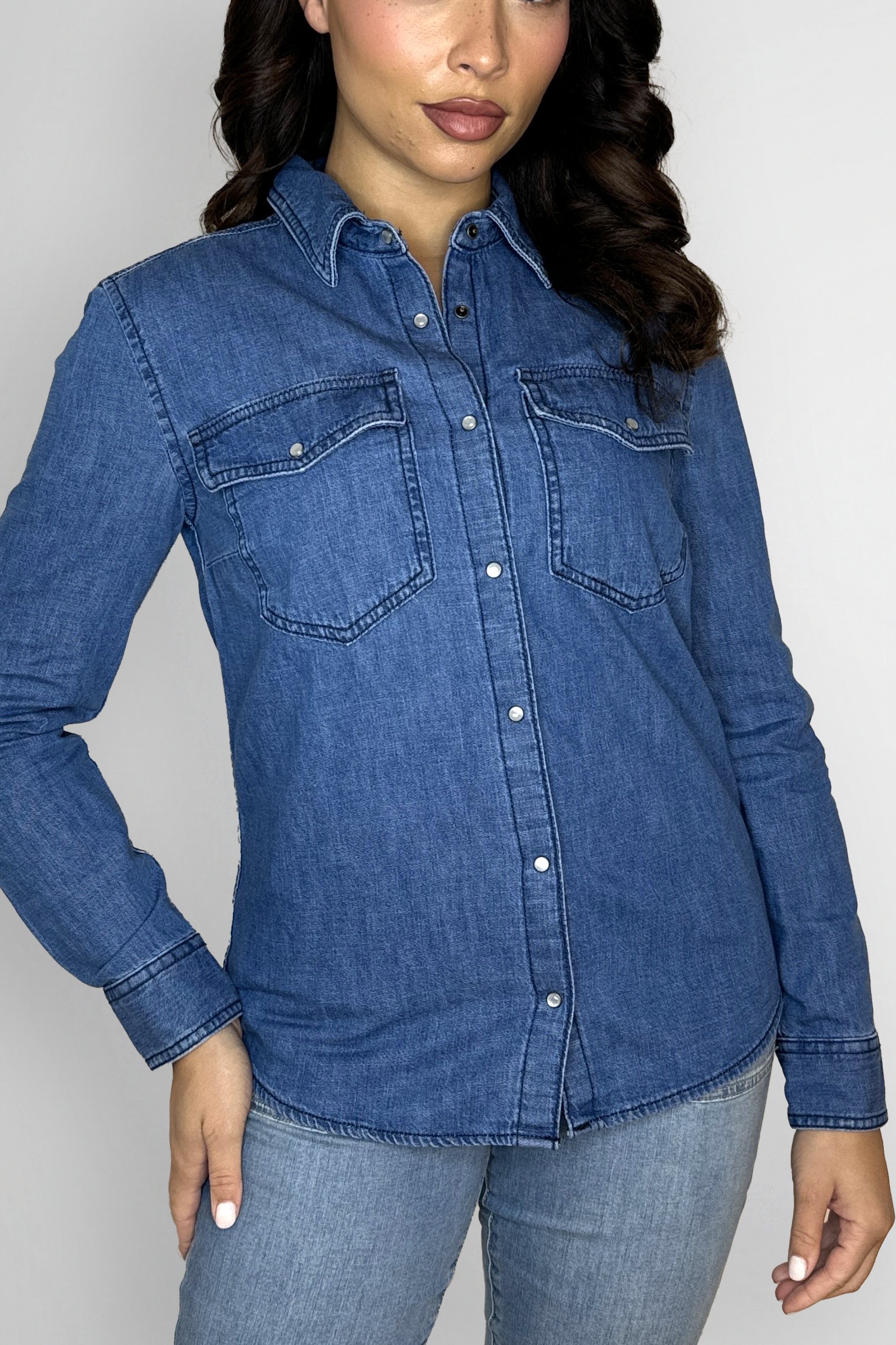 Contrast Stitching Popper Fastening Classic Denim Shirt-SinglePrice