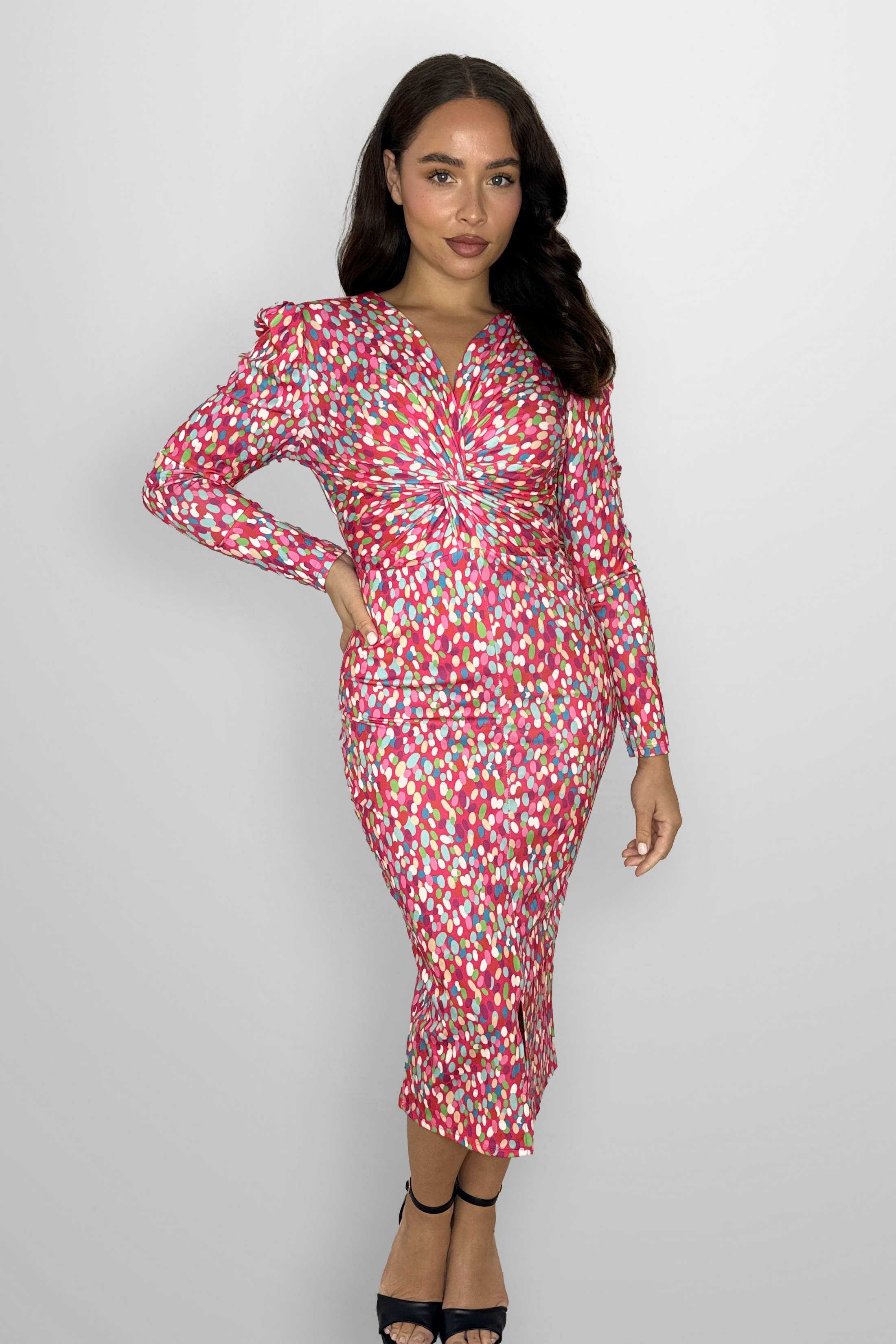 Watercolor Polkadot Long Pyff Sleeve Ruched Midi Dress-SinglePrice