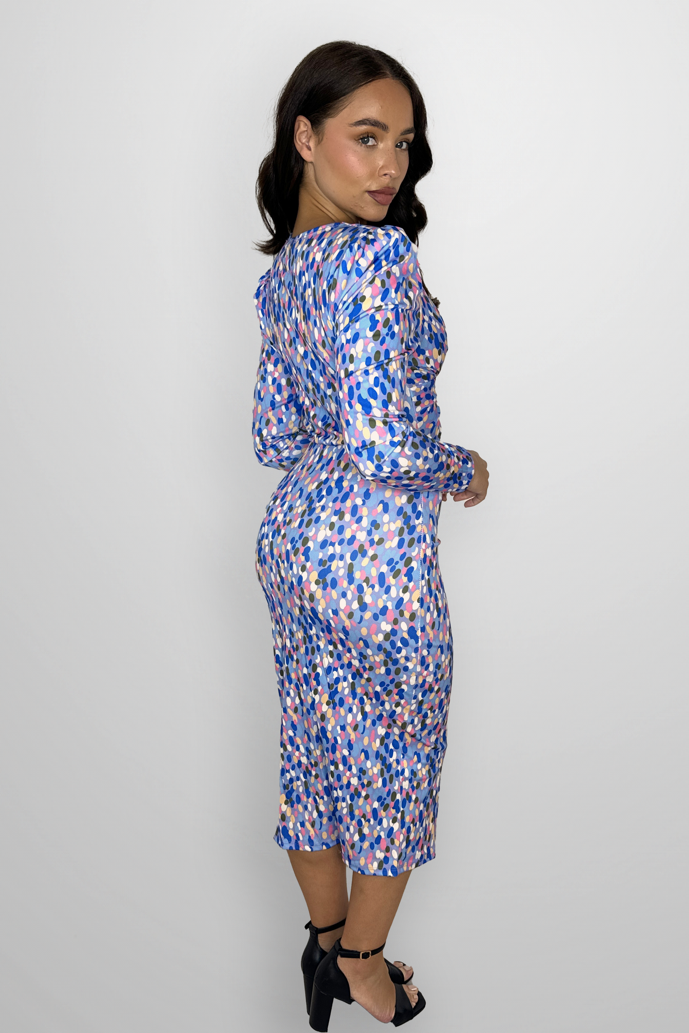 Watercolor Polkadot Long Pyff Sleeve Ruched Midi Dress-SinglePrice