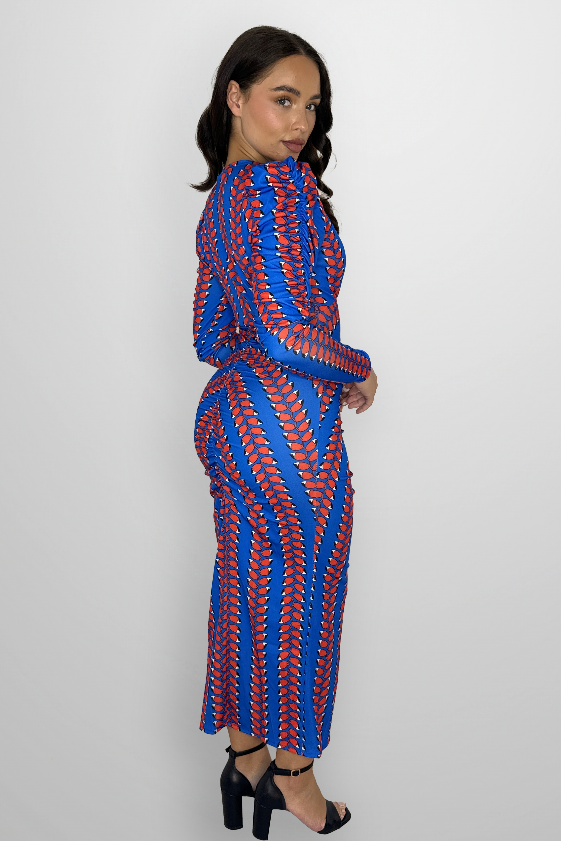 Low Cut Neck Puff Sleeve Contrast Print Ruched Long Bodycon Dress-SinglePrice