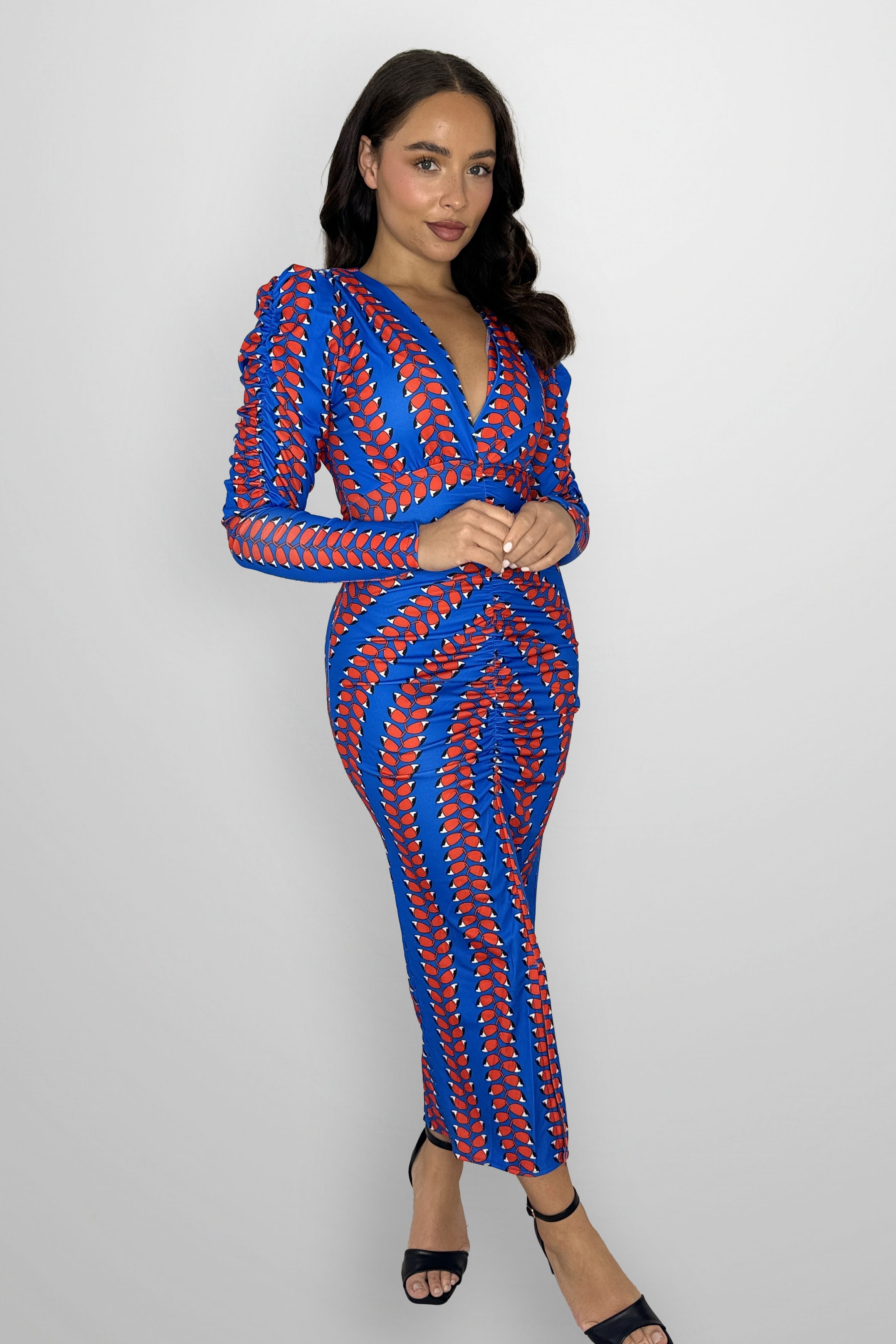 Low Cut Neck Puff Sleeve Contrast Print Ruched Long Bodycon Dress-SinglePrice