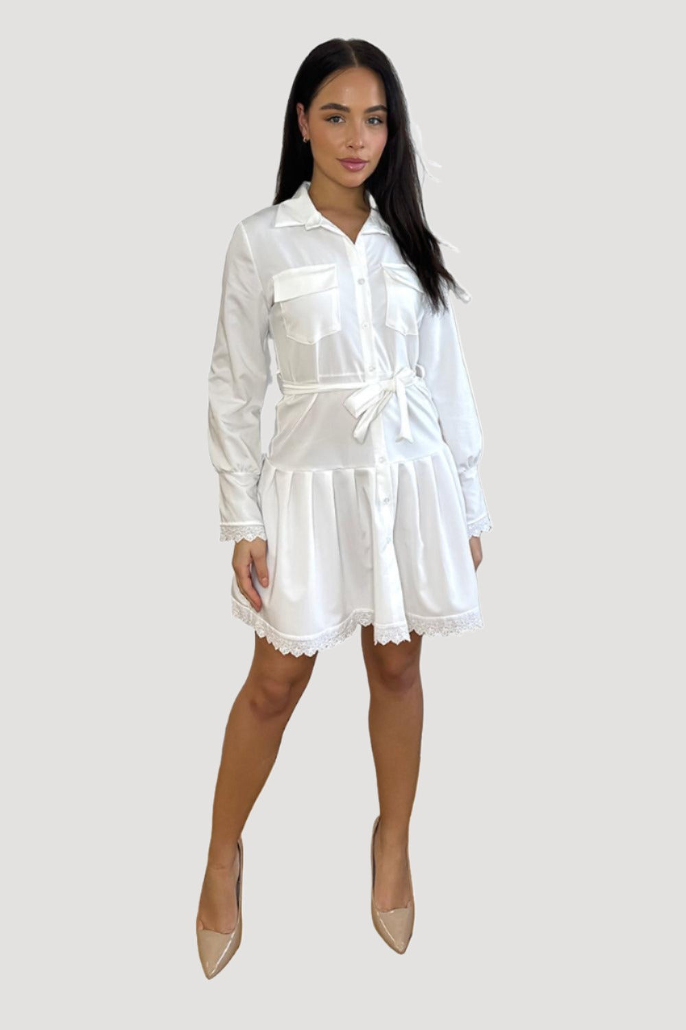 White Lace Trim Tiered Shirt Dress-SinglePrice