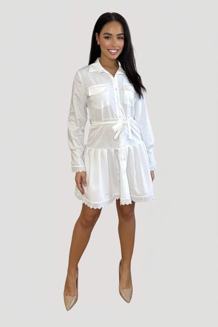 White Lace Trim Tiered Shirt Dress-SinglePrice