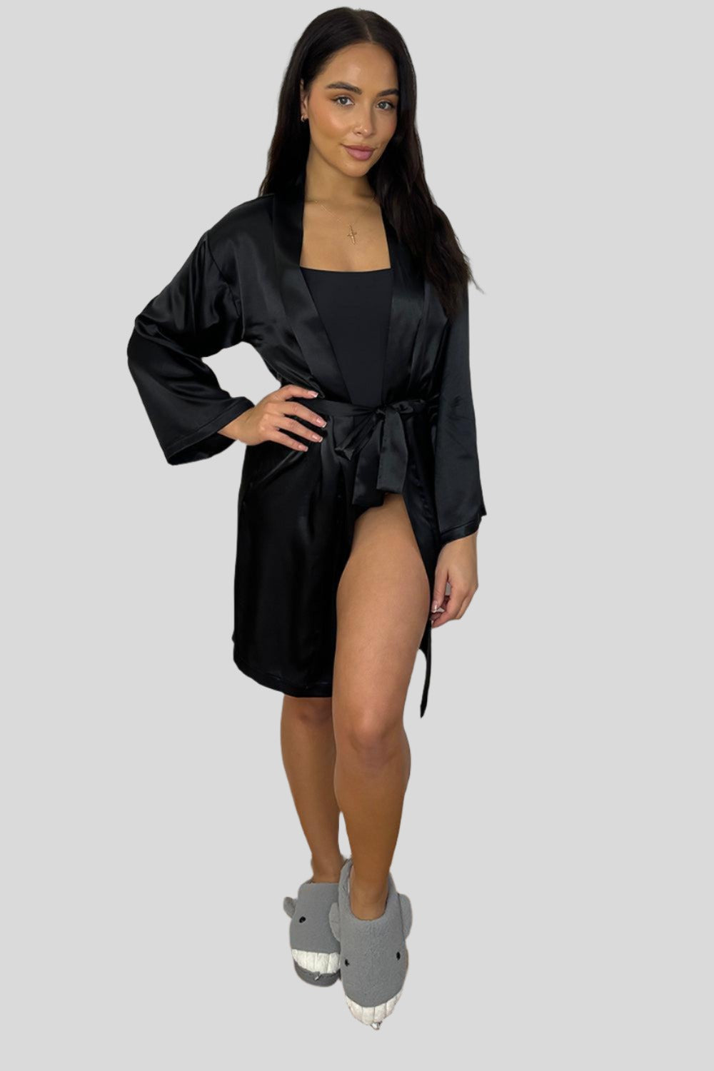 Wide Sleeves Belted Satin House Gown-SinglePrice