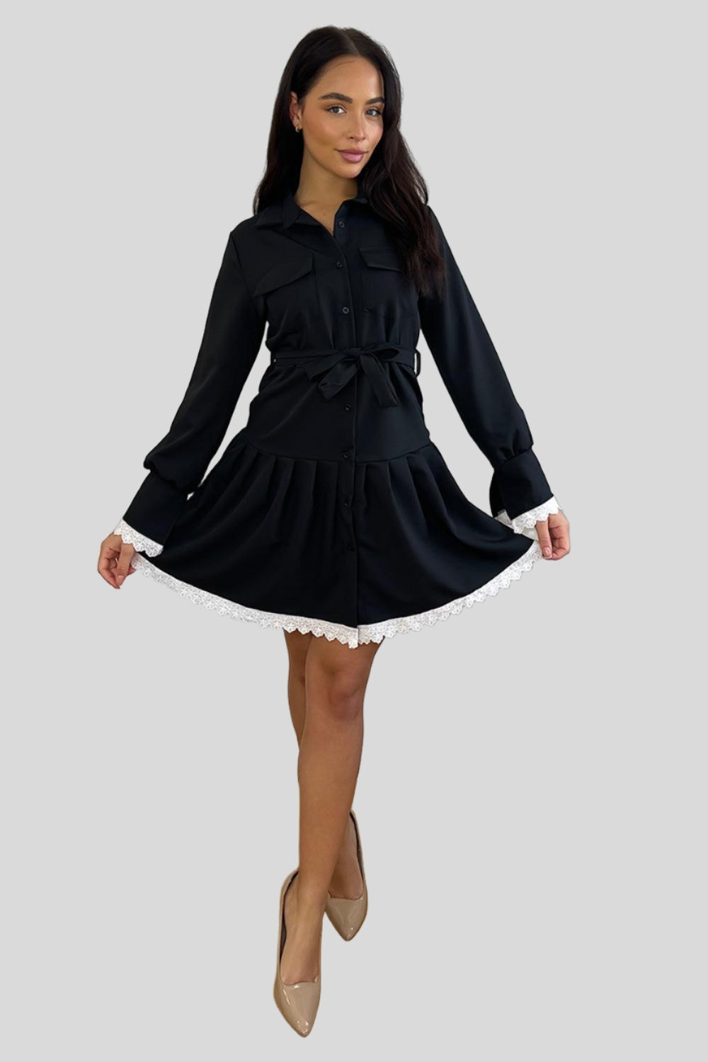 White Lace Trim Tiered Shirt Dress-SinglePrice