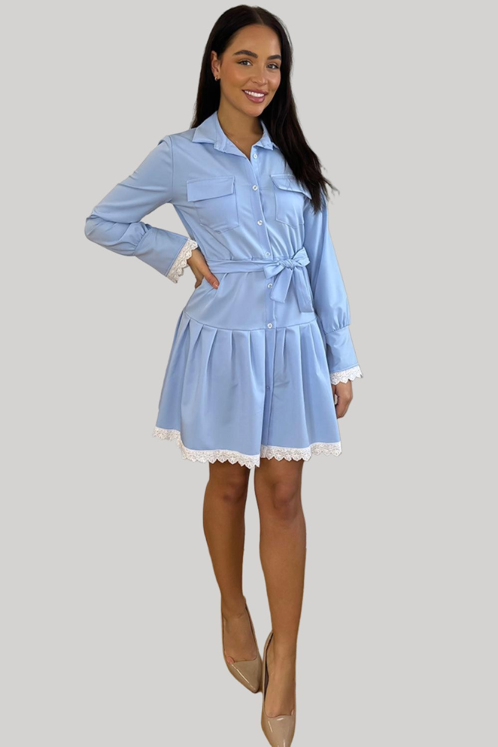 White Lace Trim Tiered Shirt Dress-SinglePrice