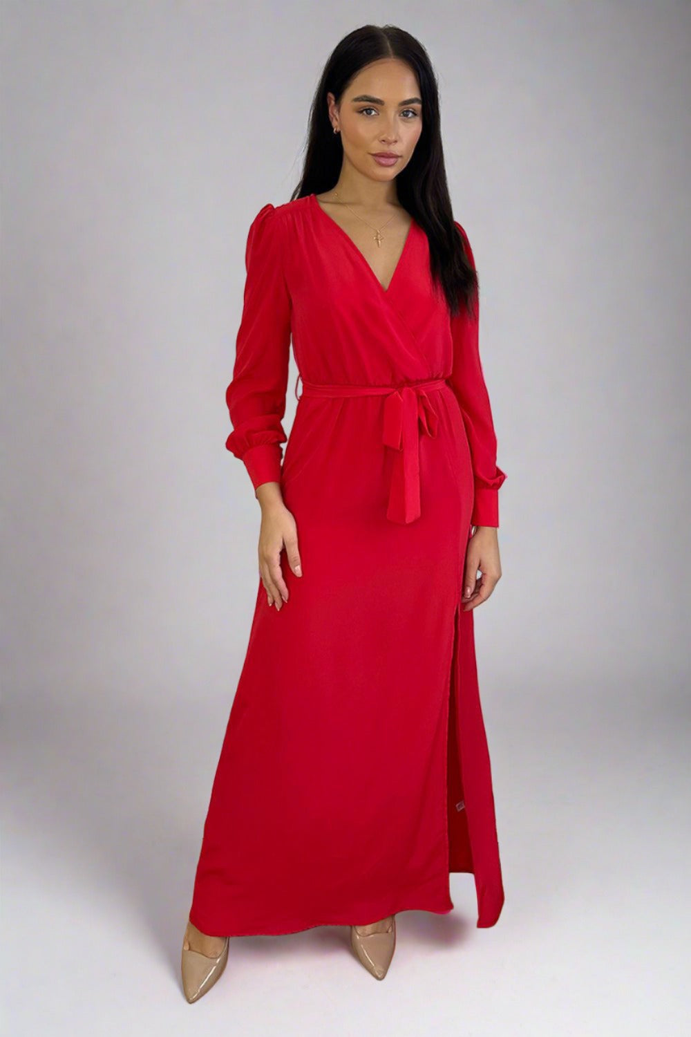 Red Chiffon Deep Plunge Neckline Maxi Dress-SinglePrice