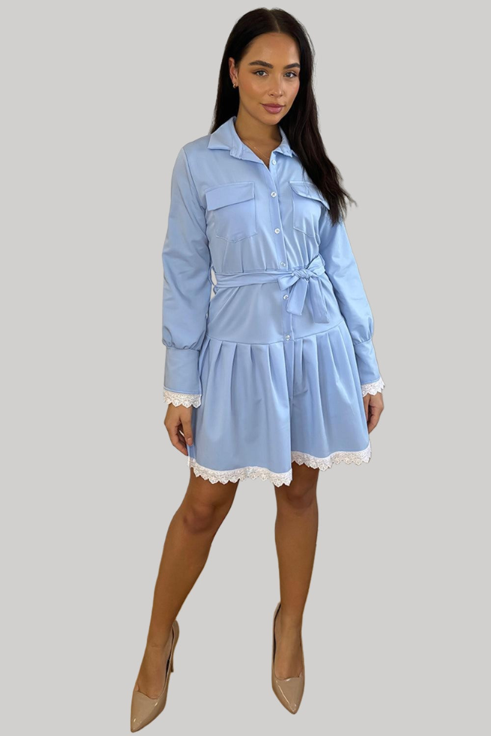 White Lace Trim Tiered Shirt Dress-SinglePrice