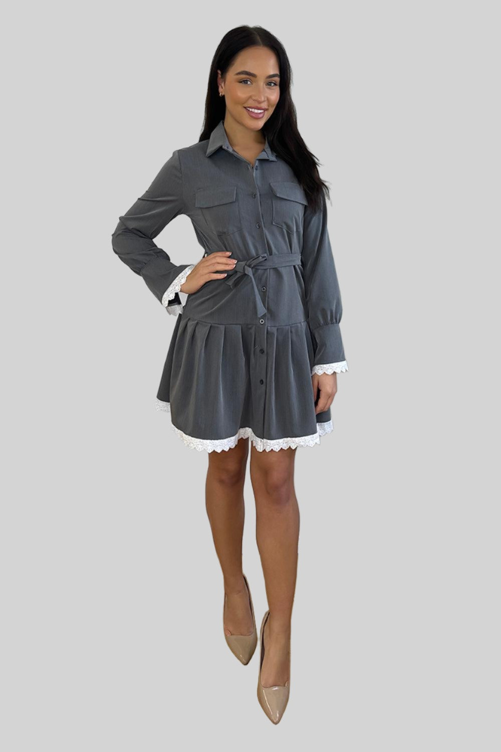 White Lace Trim Tiered Shirt Dress-SinglePrice