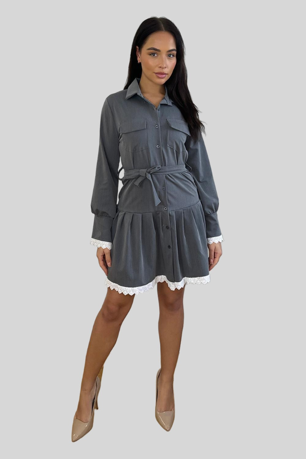 White Lace Trim Tiered Shirt Dress-SinglePrice