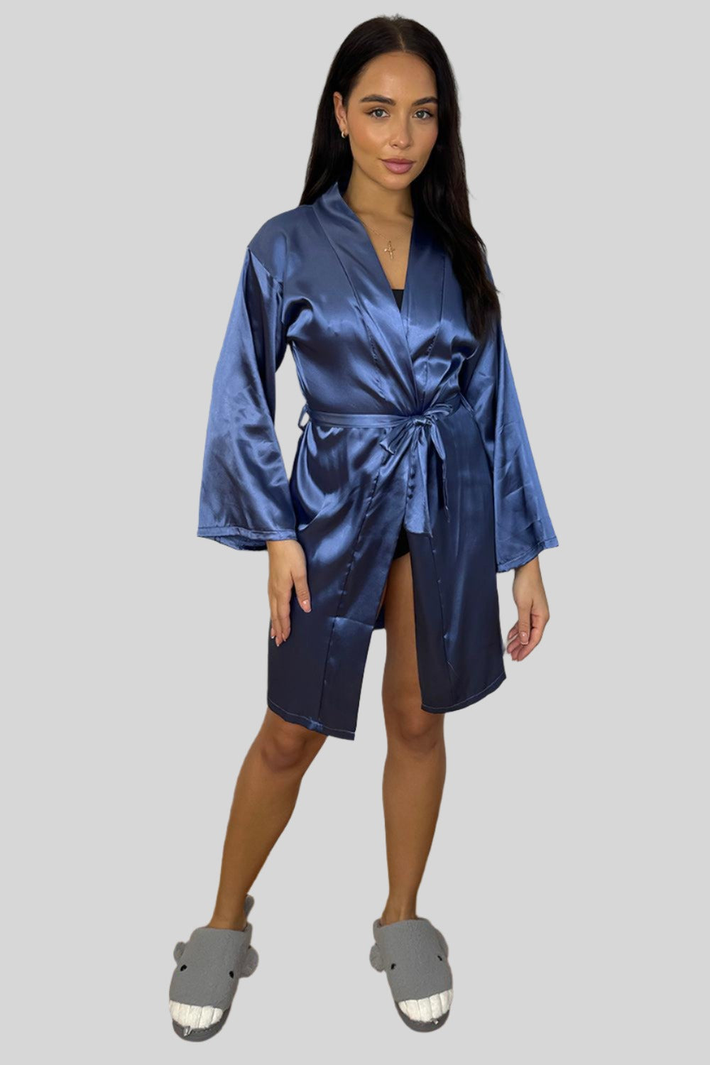 Wide Sleeves Belted Satin House Gown-SinglePrice