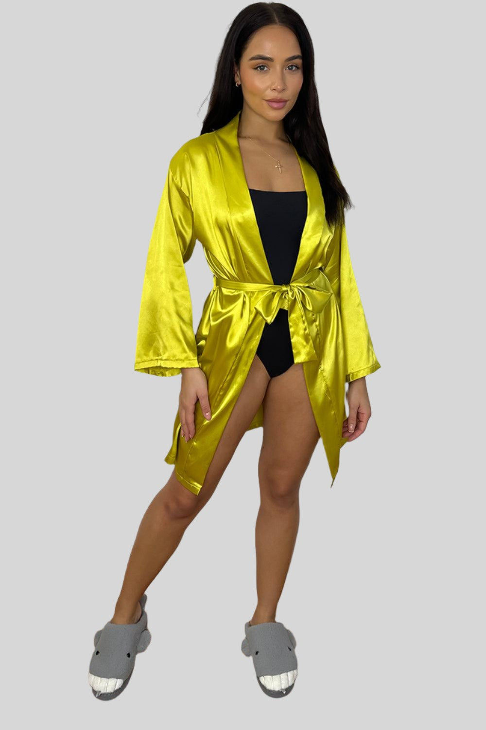 Wide Sleeves Belted Satin House Gown-SinglePrice