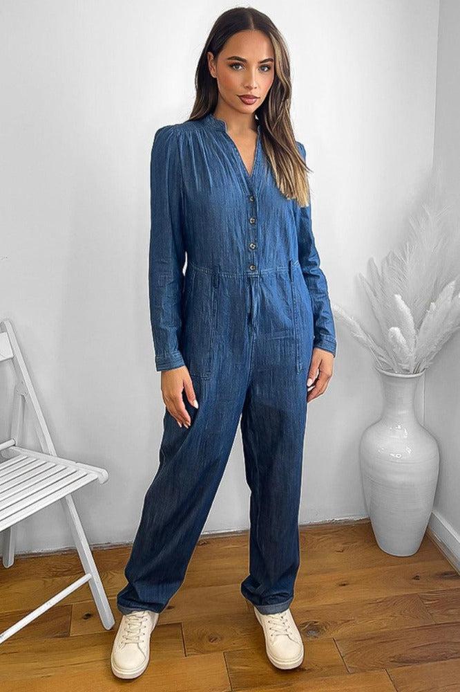 100% Cotton Dark Blue Denim Pleated Shoulders Smart Jumpsuit-SinglePrice