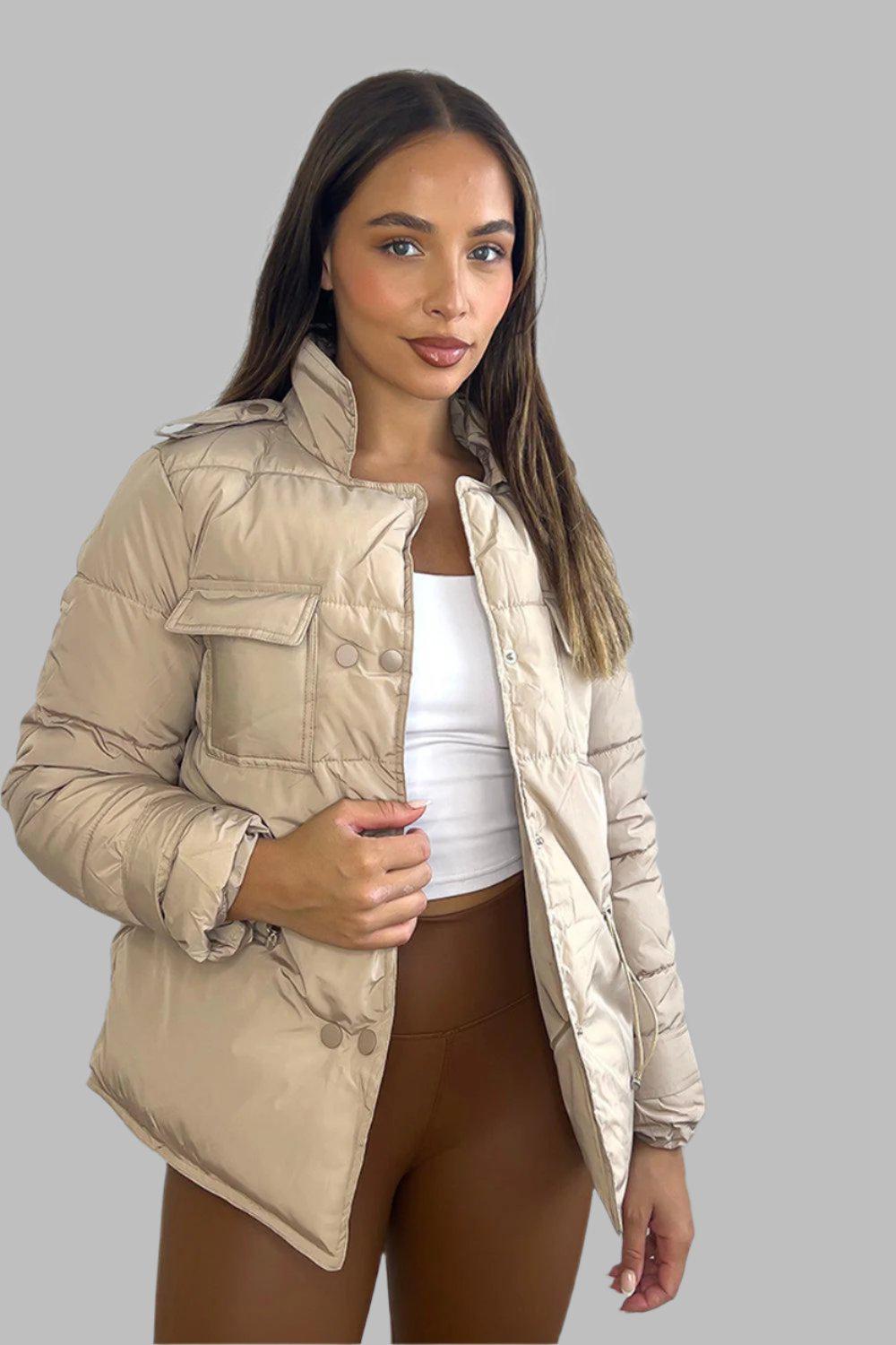 Beige Utility Pockets Short Puffer Bomber Jacket-SinglePrice
