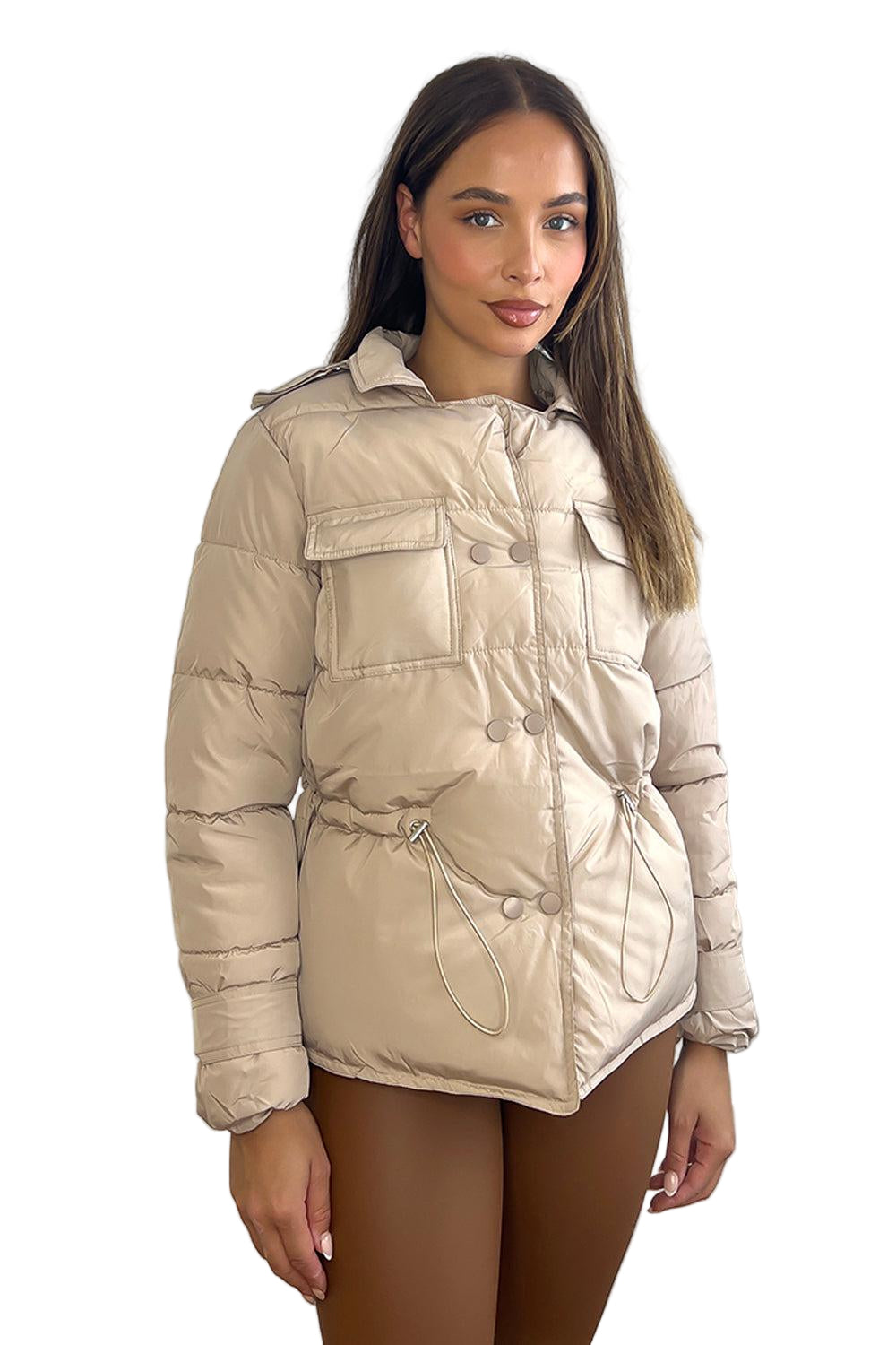 Beige Utility Pockets Short Puffer Bomber Jacket-SinglePrice
