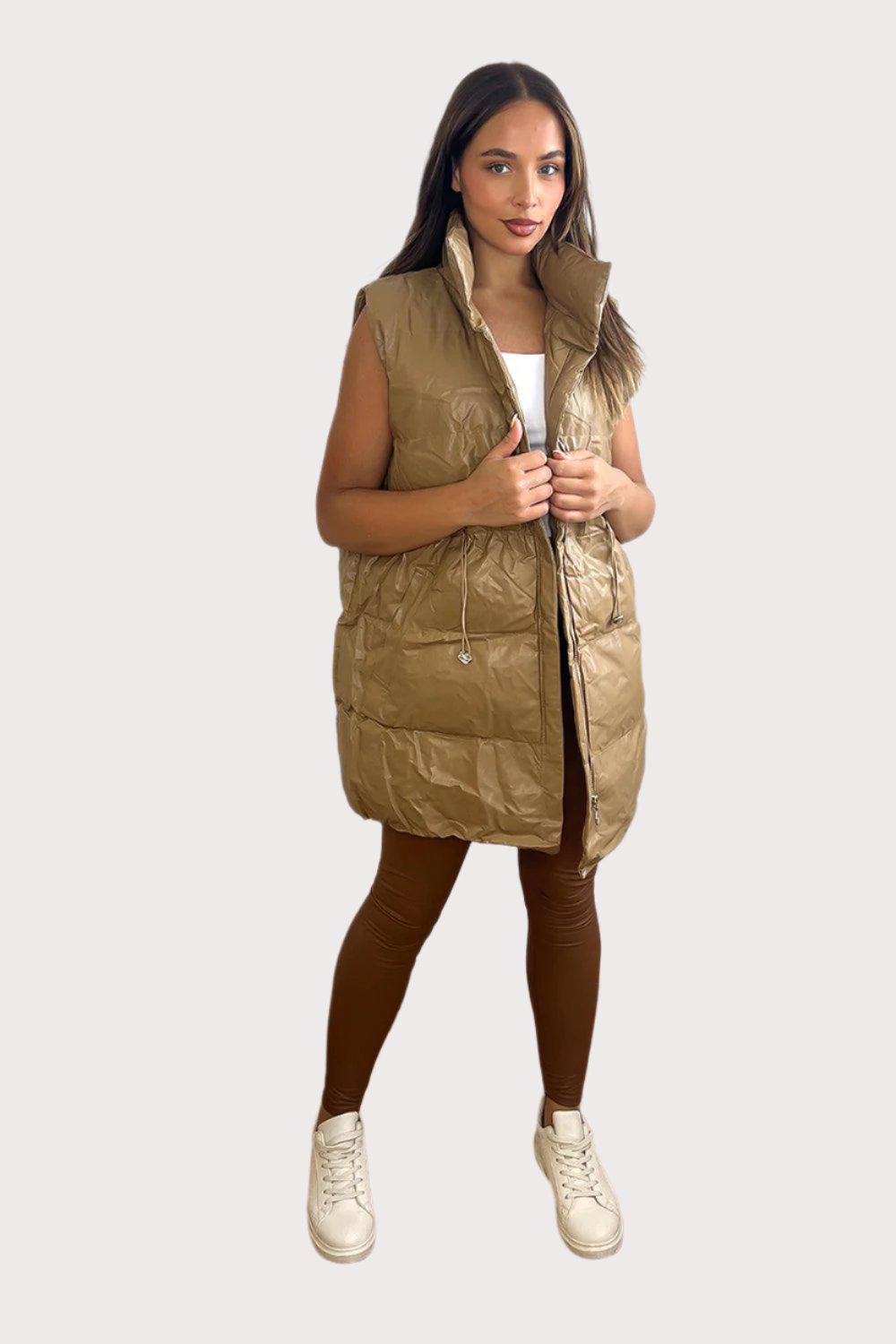 Faux Leather Lightly Padded Sleeveless Drawstring Waistcoat-SinglePrice