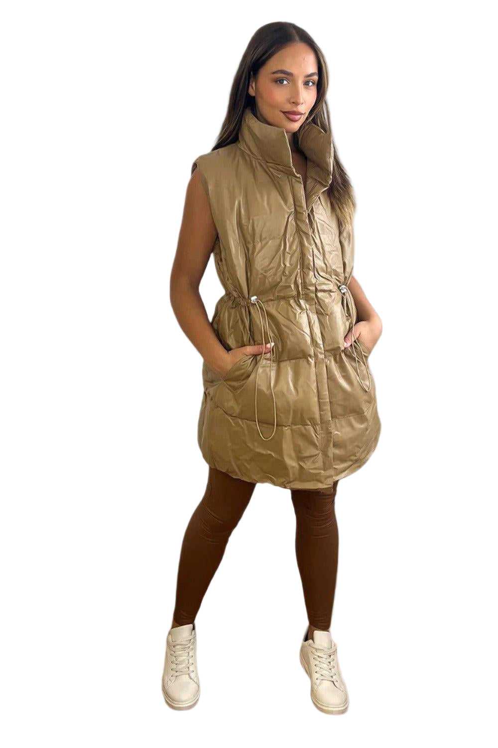 Faux Leather Lightly Padded Sleeveless Drawstring Waistcoat-SinglePrice