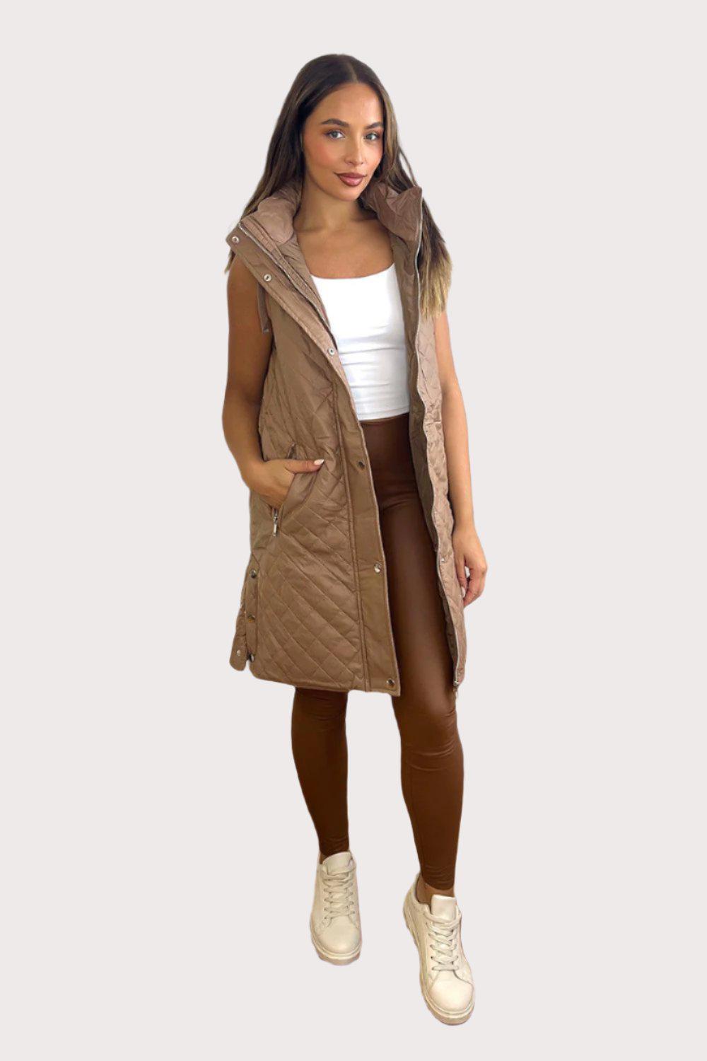 Quilted Leather Look Hooded Sleeveless Zip Waistcoat-SinglePrice