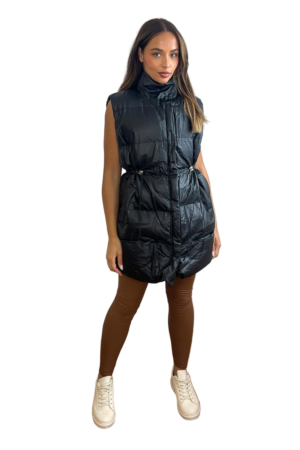 Faux Leather Lightly Padded Sleeveless Drawstring Waistcoat-SinglePrice
