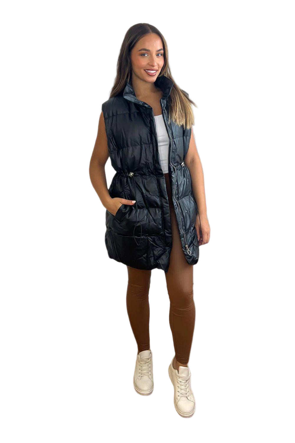 Faux Leather Lightly Padded Sleeveless Drawstring Waistcoat-SinglePrice