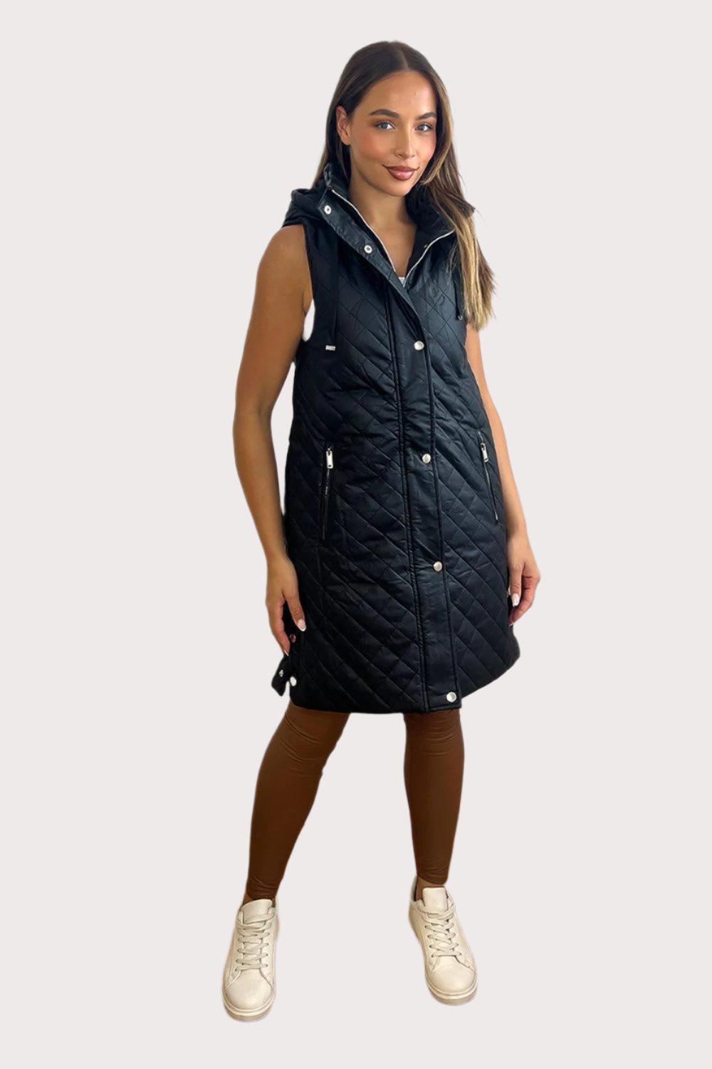 Quilted Leather Look Hooded Sleeveless Zip Waistcoat-SinglePrice