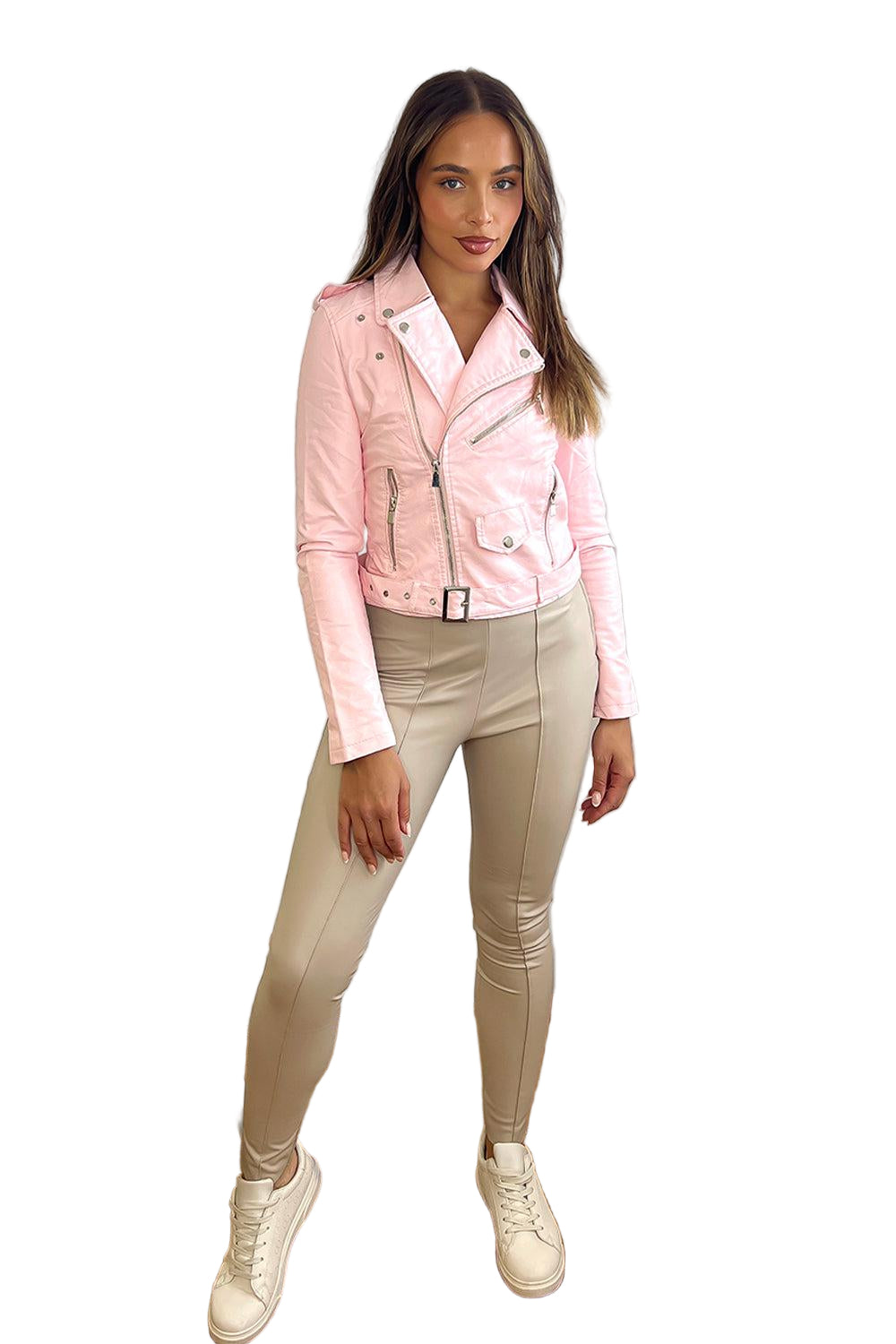 Faux Leather Asymmetric Zip Buckle Belt Biker Jacket-SinglePrice