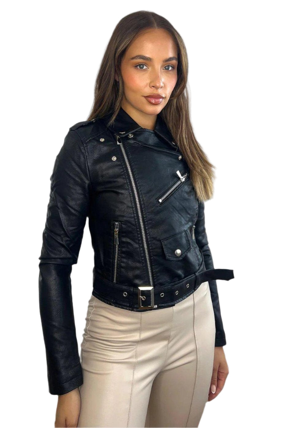 Faux Leather Asymmetric Zip Buckle Belt Biker Jacket-SinglePrice