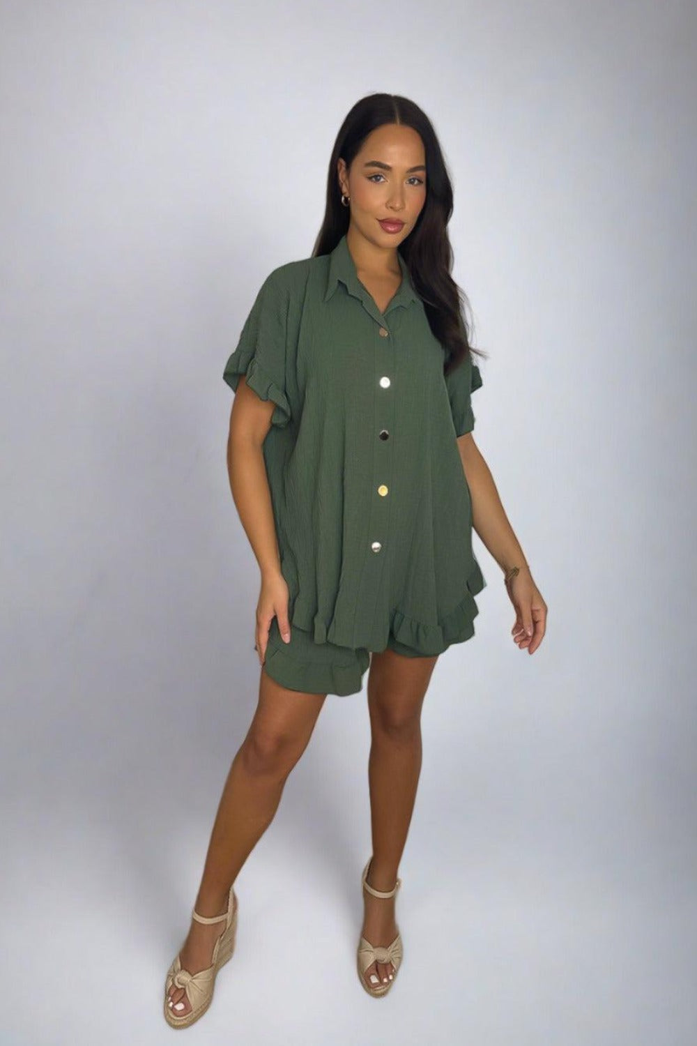 CRINKLE BUTTON DOWN SHIRT AND SHORTS SET-SinglePrice